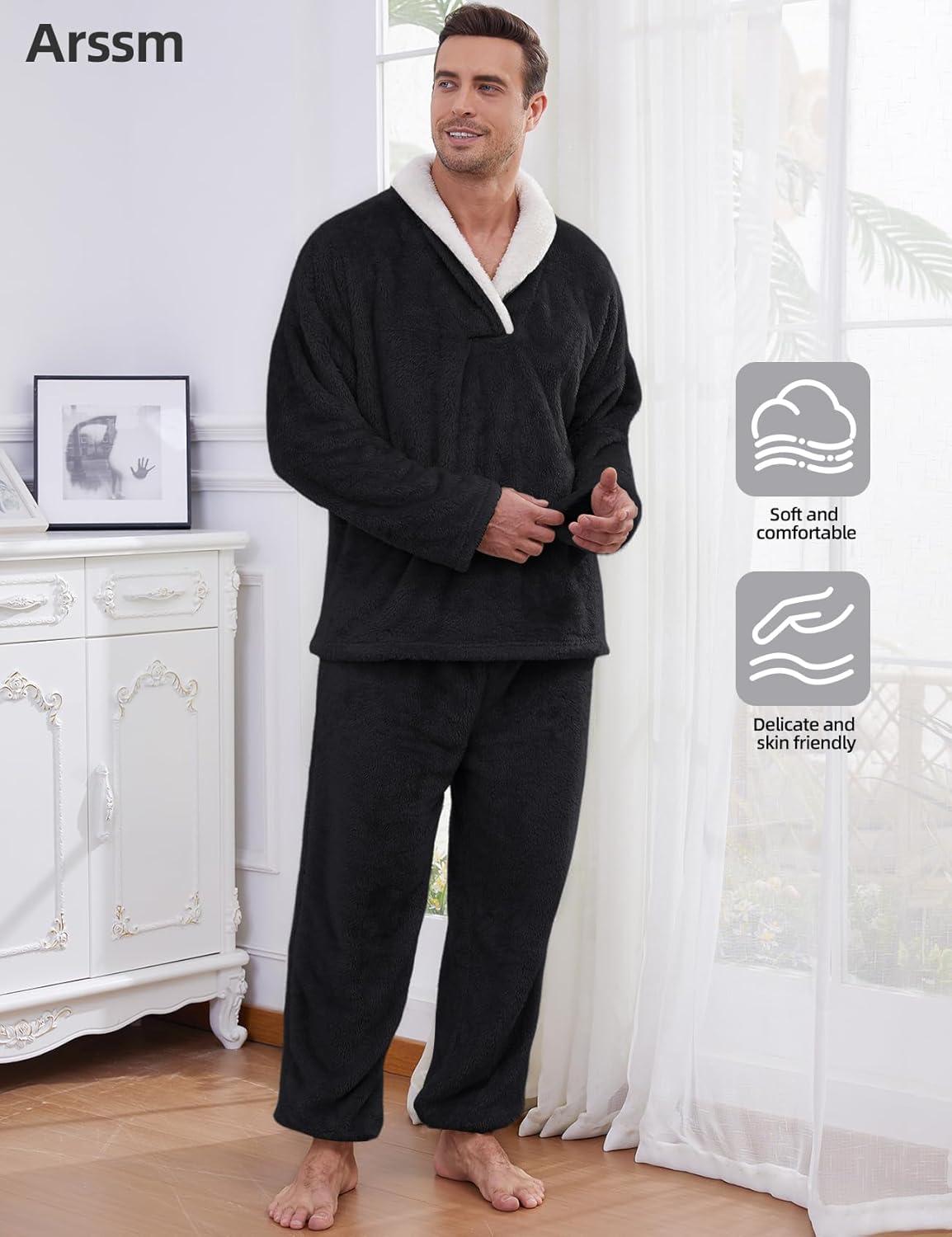 image:imageArssm Mens Fluffy Pajamas Set 2 Piece Fleece Pjs Loose Plush Winter Warm Cozy Loungewear SleepwearBlack