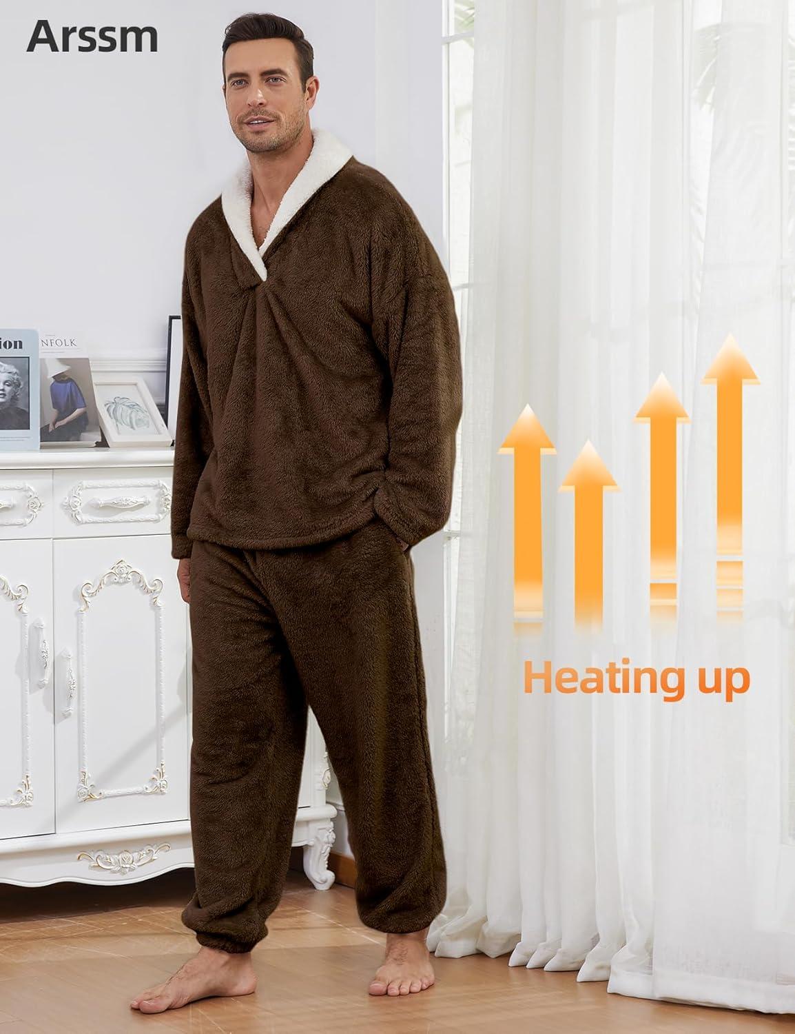 image:imageArssm Mens Fluffy Pajamas Set 2 Piece Fleece Pjs Loose Plush Winter Warm Cozy Loungewear SleepwearBrown