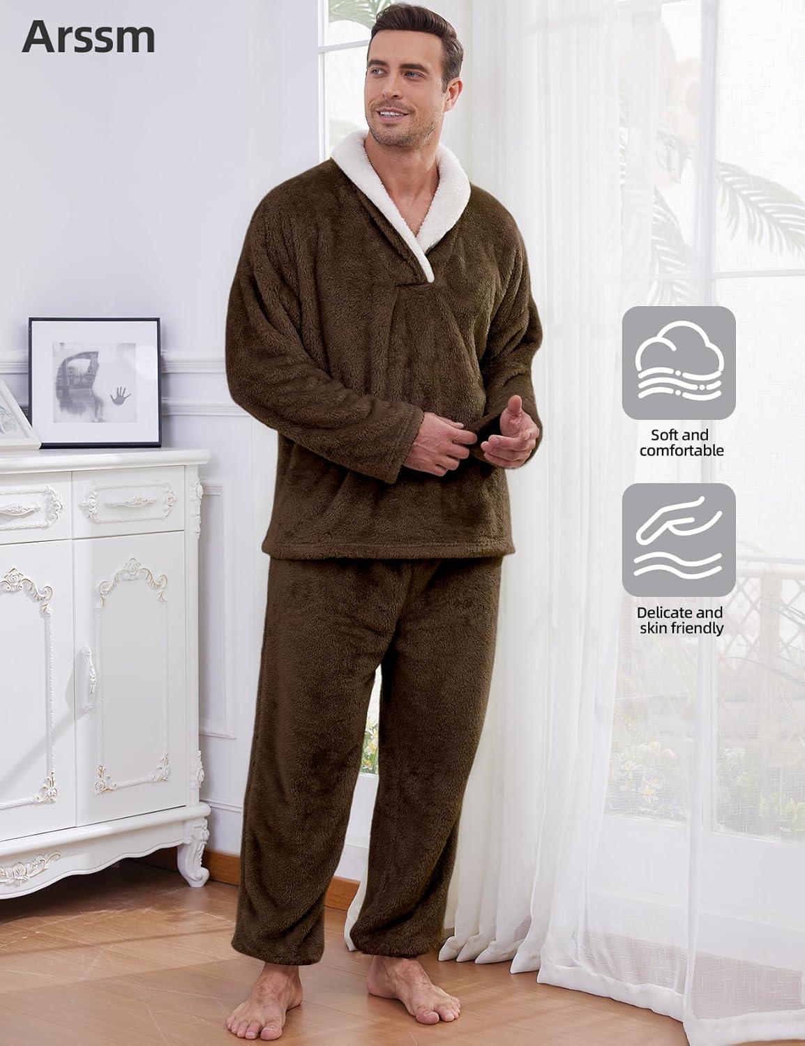 image:imageArssm Mens Fluffy Pajamas Set 2 Piece Fleece Pjs Loose Plush Winter Warm Cozy Loungewear SleepwearBrown