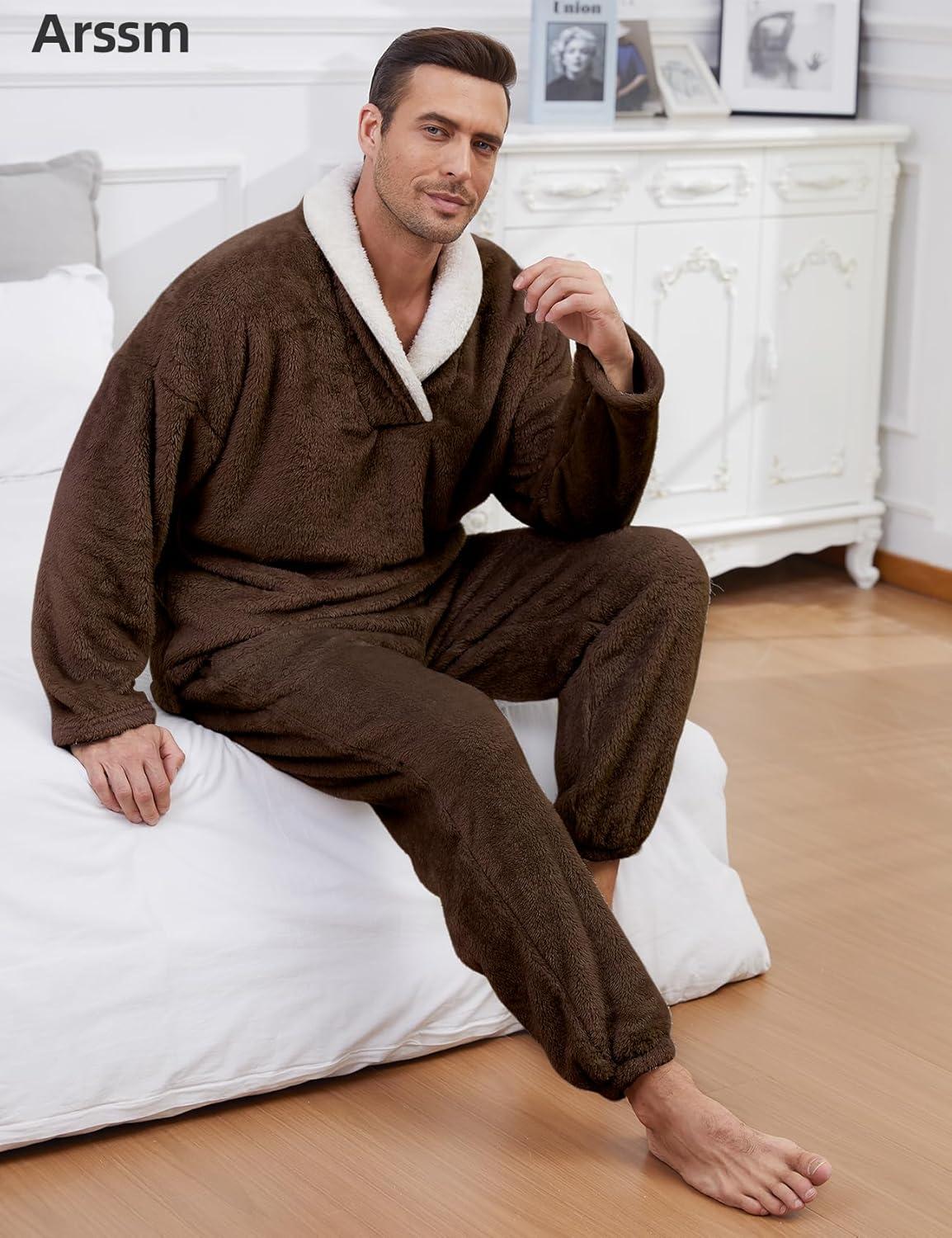 image:imageArssm Mens Fluffy Pajamas Set 2 Piece Fleece Pjs Loose Plush Winter Warm Cozy Loungewear SleepwearBrown