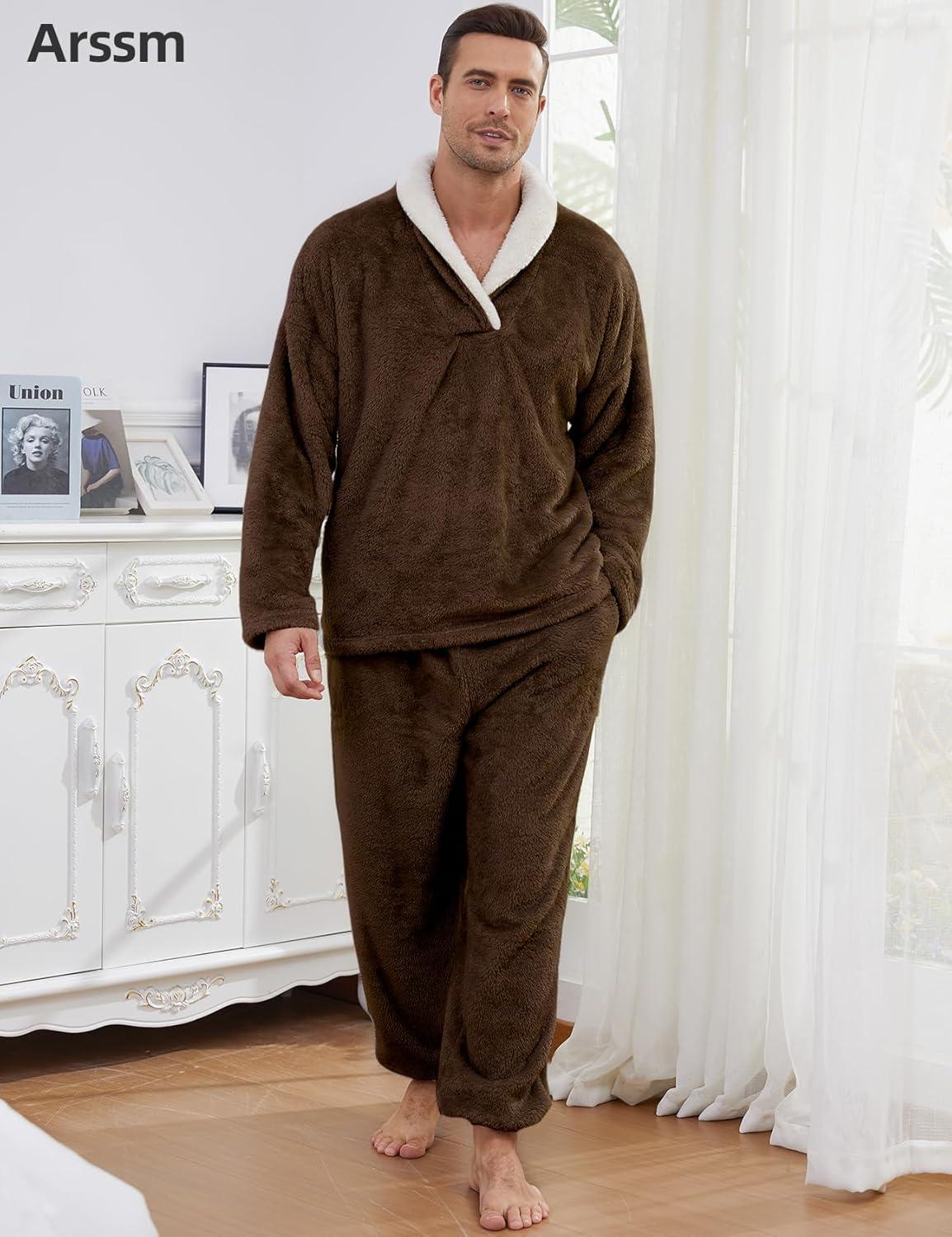 image:imageArssm Mens Fluffy Pajamas Set 2 Piece Fleece Pjs Loose Plush Winter Warm Cozy Loungewear SleepwearBrown