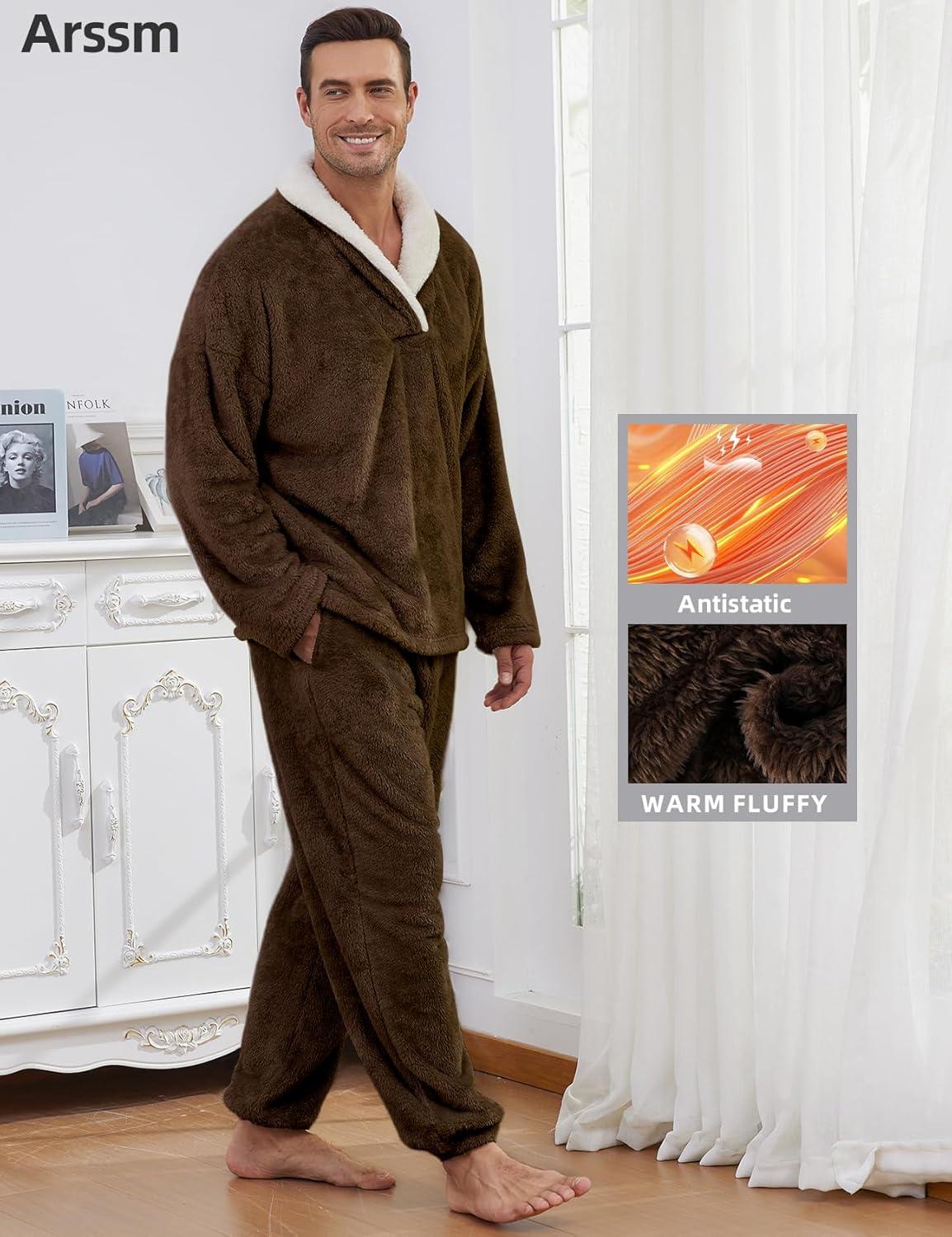 image:imageArssm Mens Fluffy Pajamas Set 2 Piece Fleece Pjs Loose Plush Winter Warm Cozy Loungewear SleepwearBrown