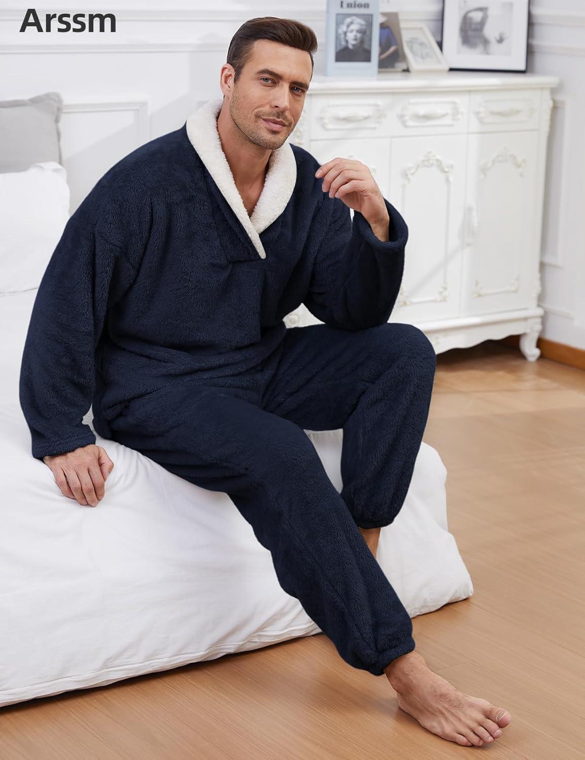 image:imageArssm Mens Fluffy Pajamas Set 2 Piece Fleece Pjs Loose Plush Winter Warm Cozy Loungewear SleepwearDarkblue