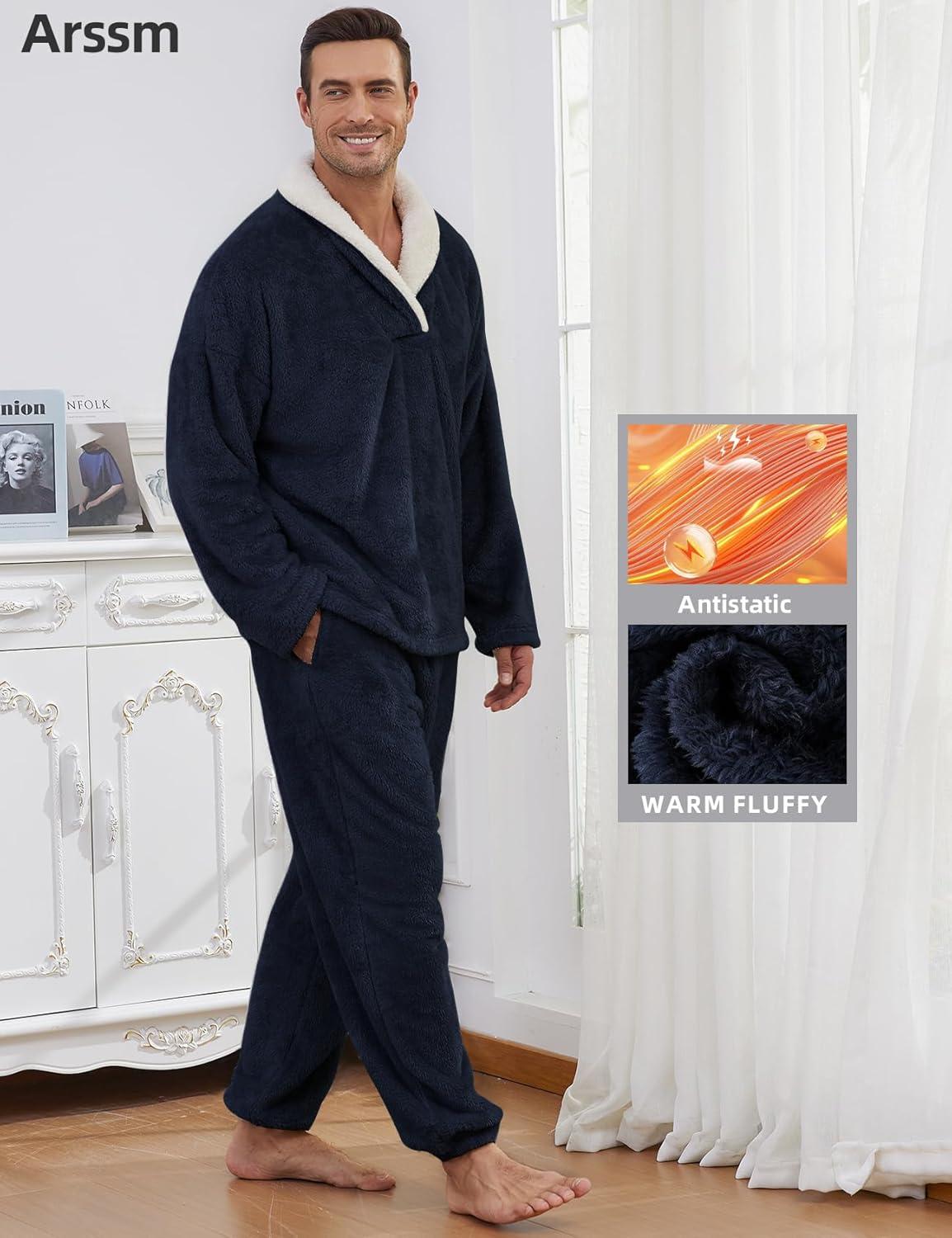 image:imageArssm Mens Fluffy Pajamas Set 2 Piece Fleece Pjs Loose Plush Winter Warm Cozy Loungewear SleepwearDarkblue
