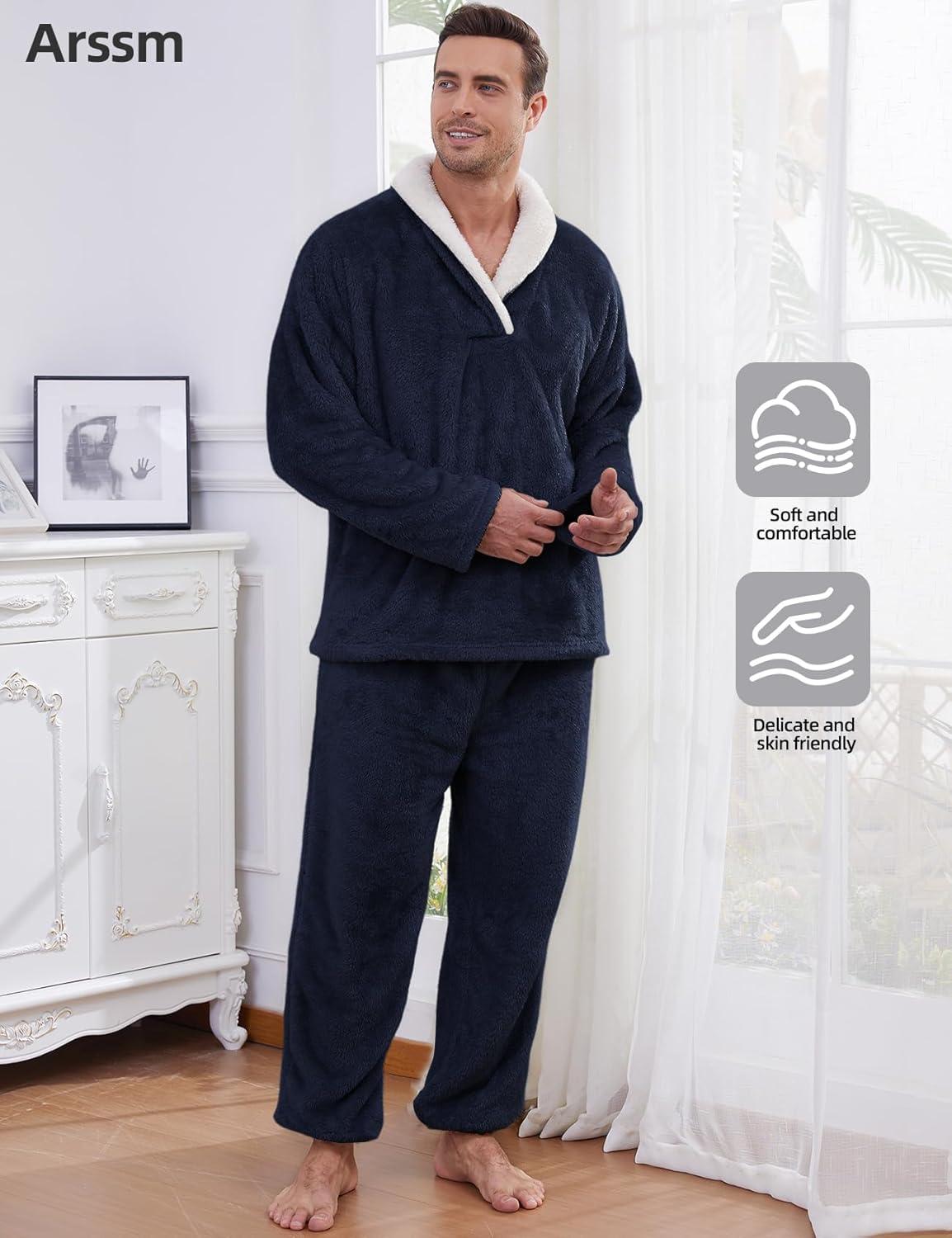 image:imageArssm Mens Fluffy Pajamas Set 2 Piece Fleece Pjs Loose Plush Winter Warm Cozy Loungewear SleepwearDarkblue