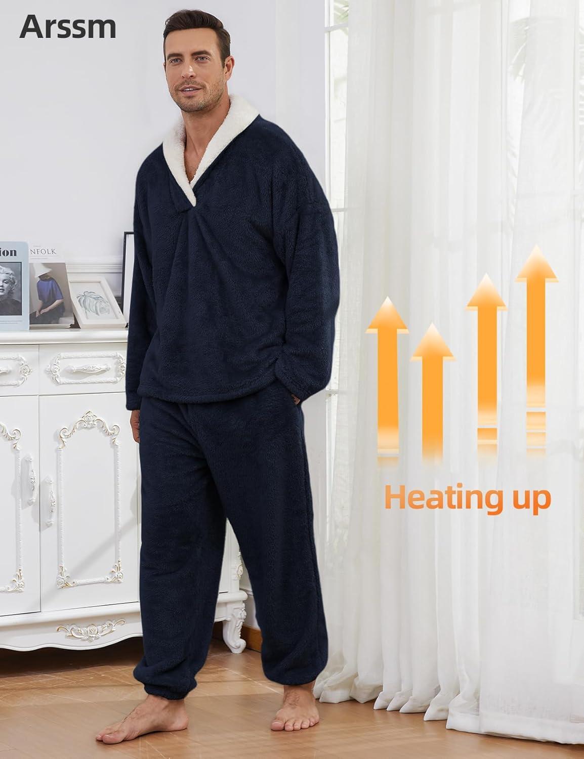 image:imageArssm Mens Fluffy Pajamas Set 2 Piece Fleece Pjs Loose Plush Winter Warm Cozy Loungewear SleepwearDarkblue