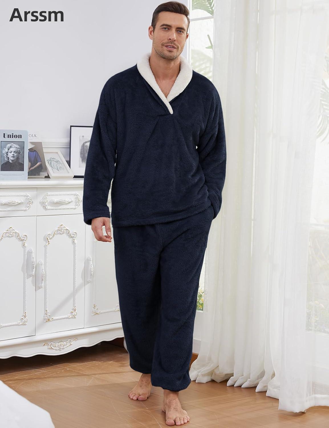 image:imageArssm Mens Fluffy Pajamas Set 2 Piece Fleece Pjs Loose Plush Winter Warm Cozy Loungewear SleepwearDarkblue