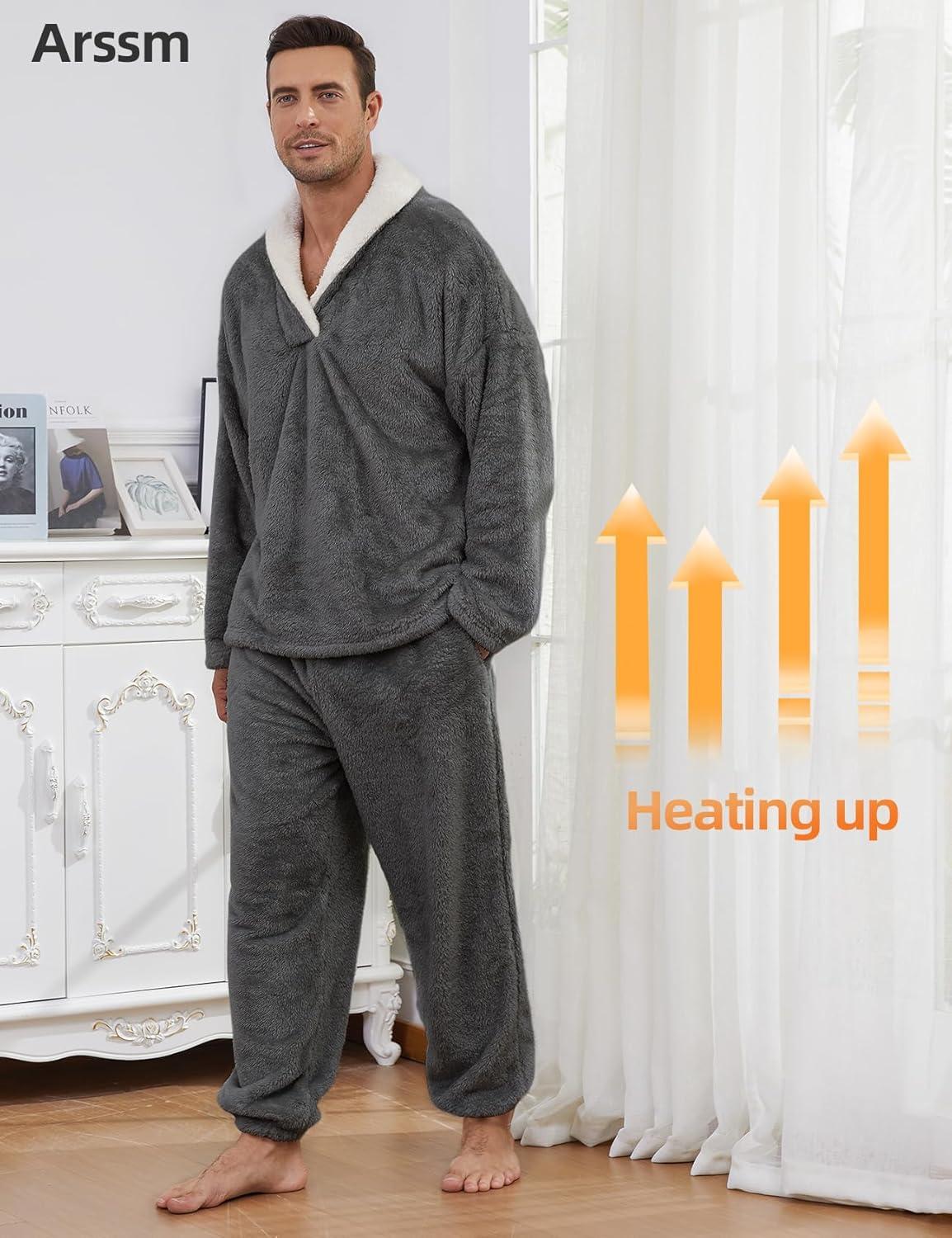image:imageArssm Mens Fluffy Pajamas Set 2 Piece Fleece Pjs Loose Plush Winter Warm Cozy Loungewear SleepwearDarkgrey