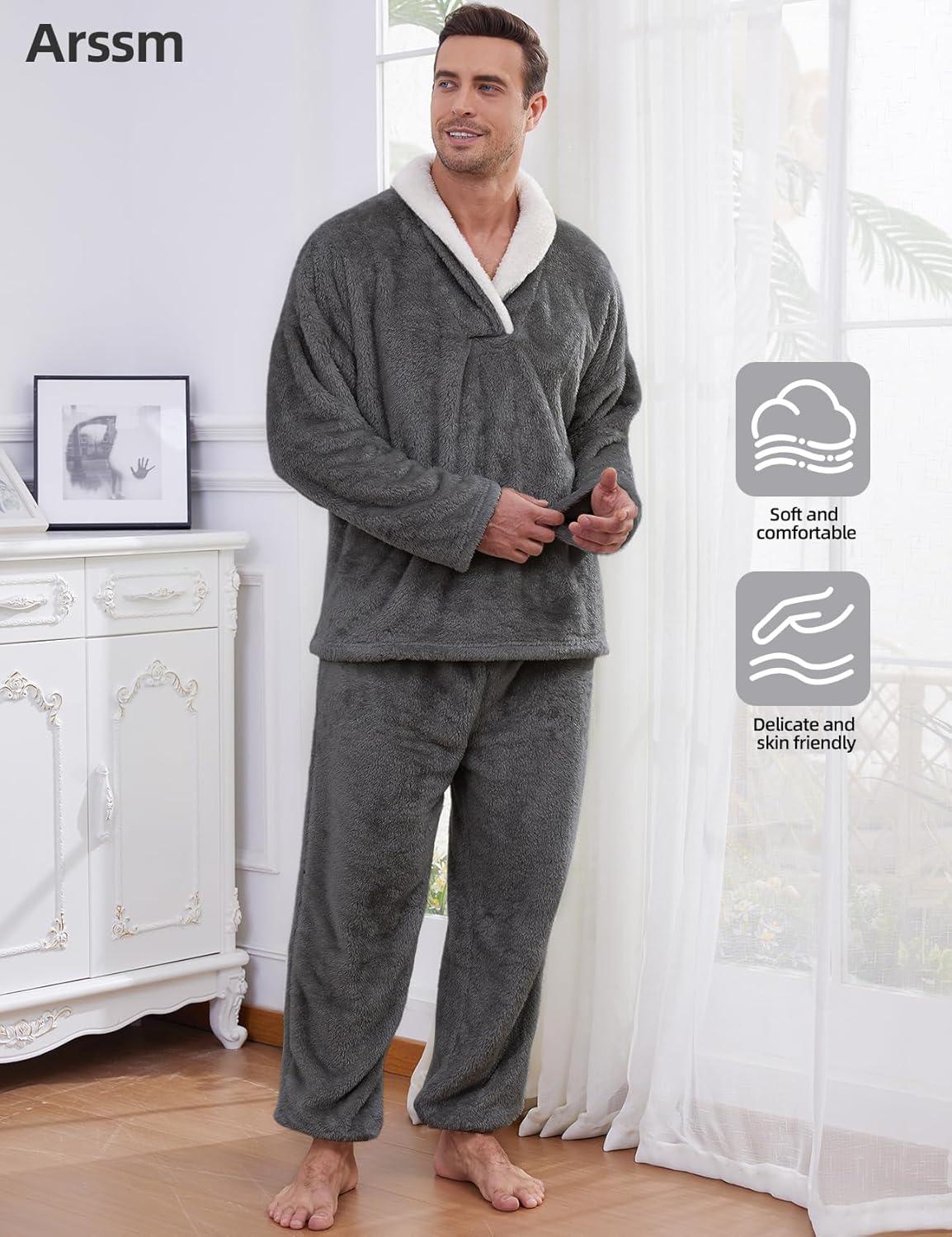 image:imageArssm Mens Fluffy Pajamas Set 2 Piece Fleece Pjs Loose Plush Winter Warm Cozy Loungewear SleepwearDarkgrey