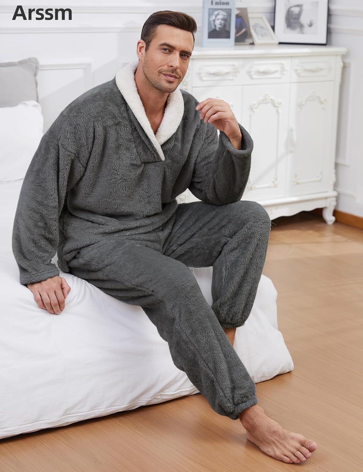 image:imageArssm Mens Fluffy Pajamas Set 2 Piece Fleece Pjs Loose Plush Winter Warm Cozy Loungewear SleepwearDarkgrey