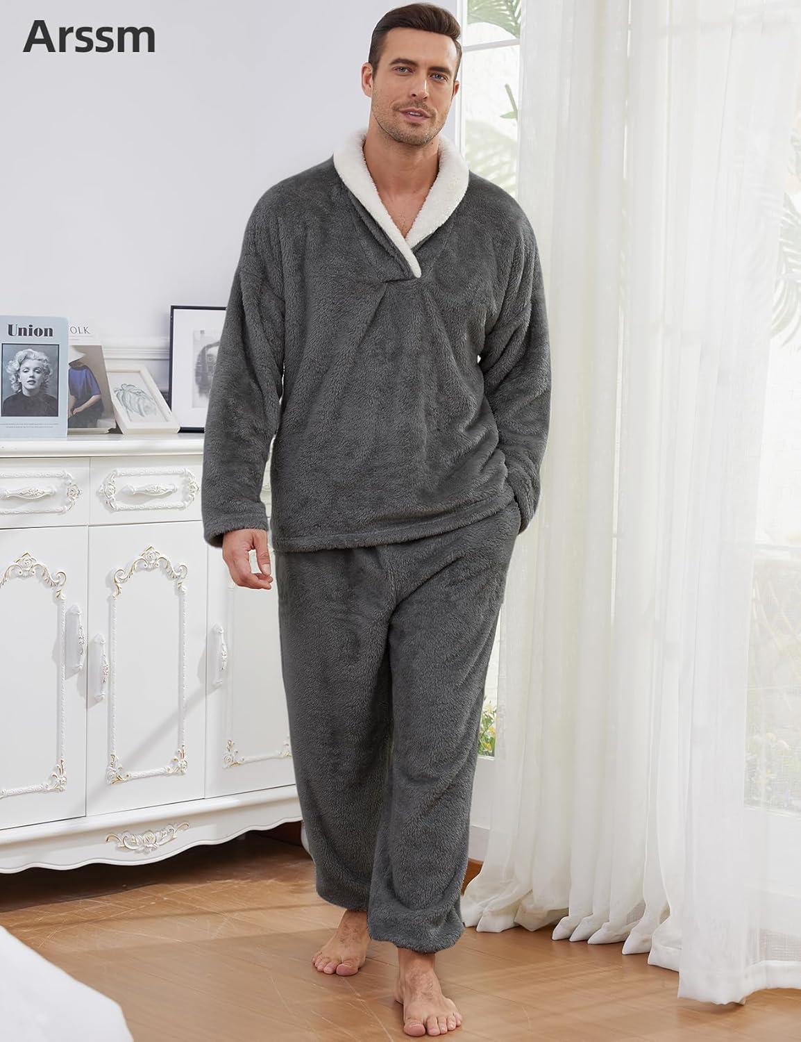image:imageArssm Mens Fluffy Pajamas Set 2 Piece Fleece Pjs Loose Plush Winter Warm Cozy Loungewear SleepwearDarkgrey