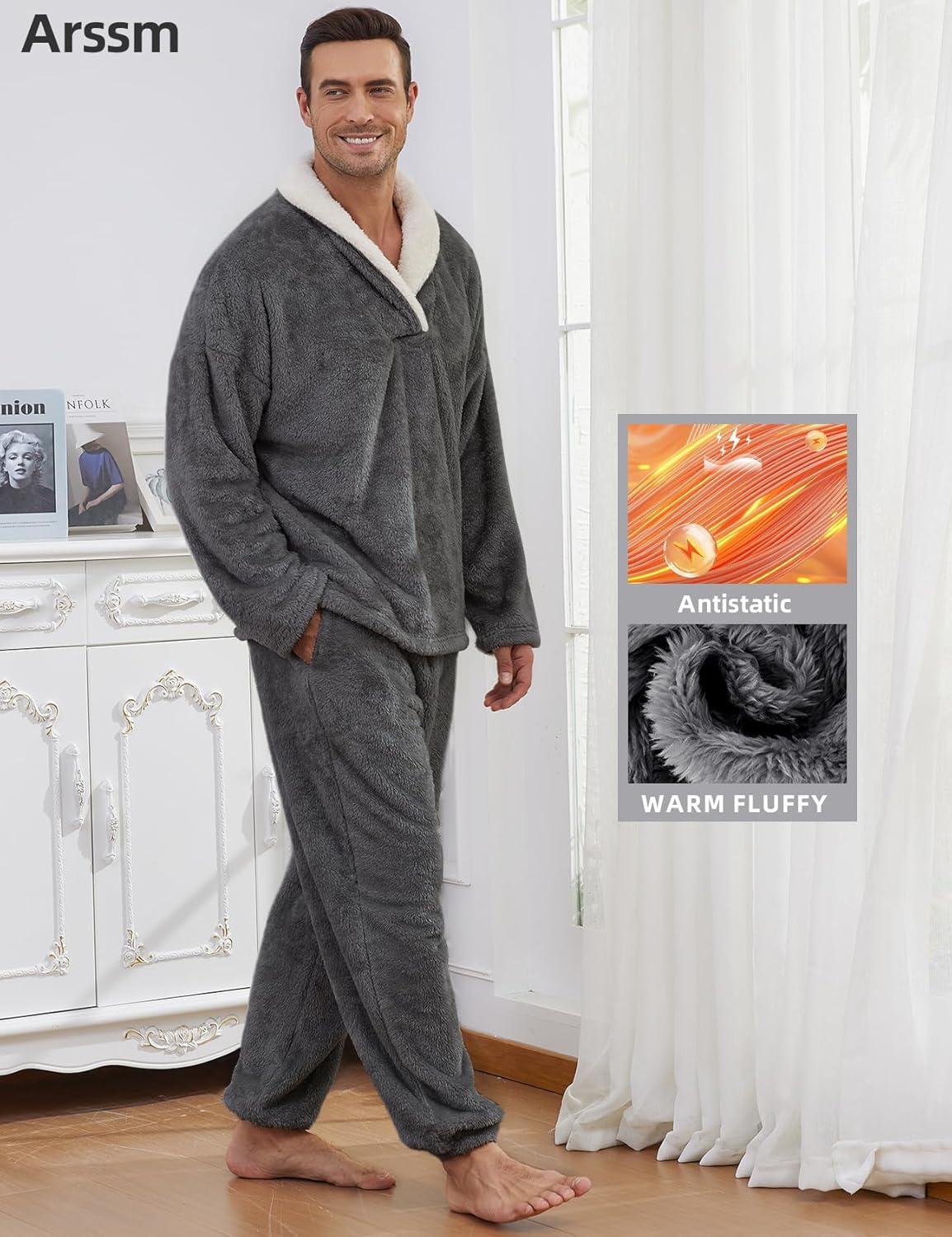image:imageArssm Mens Fluffy Pajamas Set 2 Piece Fleece Pjs Loose Plush Winter Warm Cozy Loungewear SleepwearDarkgrey