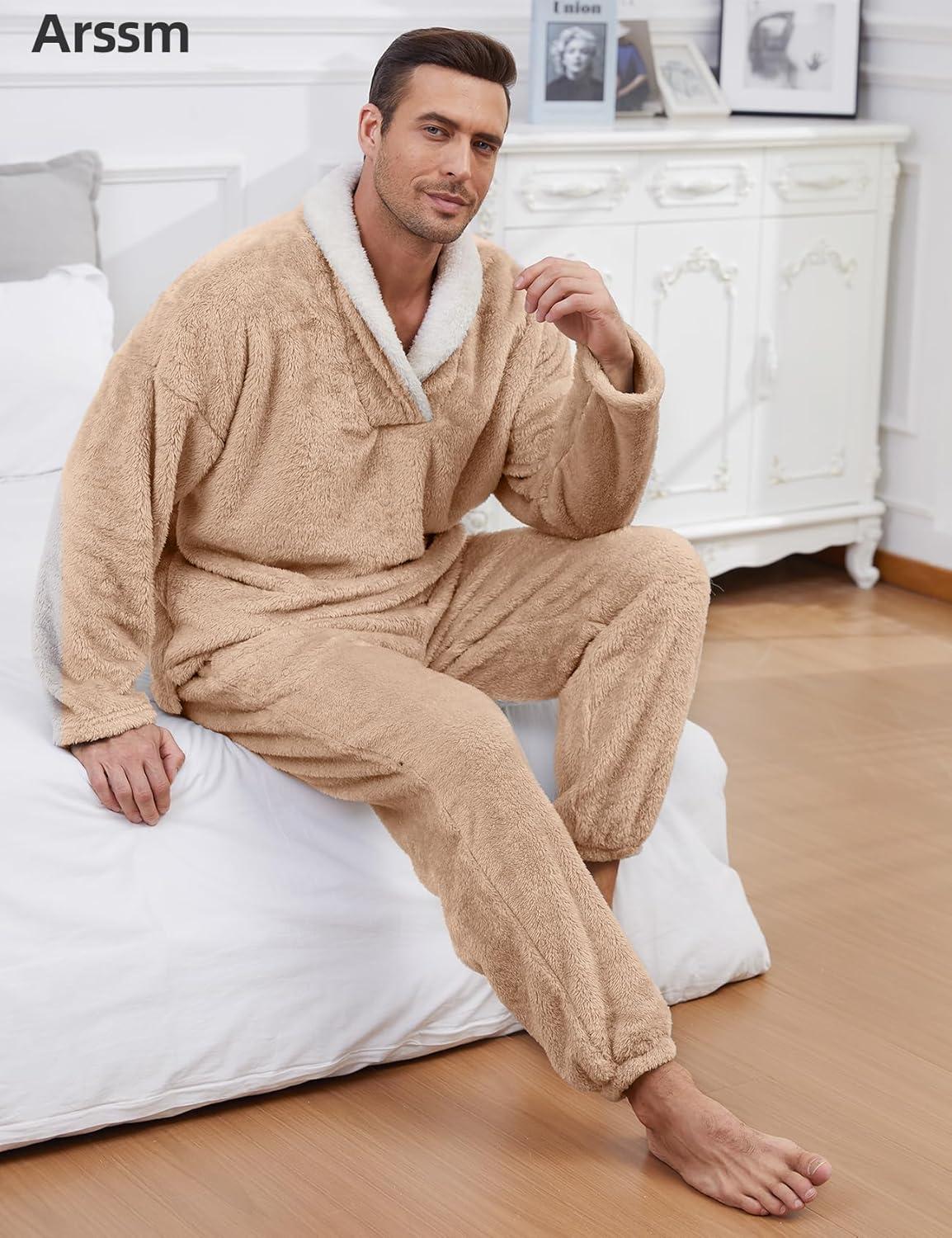 image:imageArssm Mens Fluffy Pajamas Set 2 Piece Fleece Pjs Loose Plush Winter Warm Cozy Loungewear SleepwearKhaki