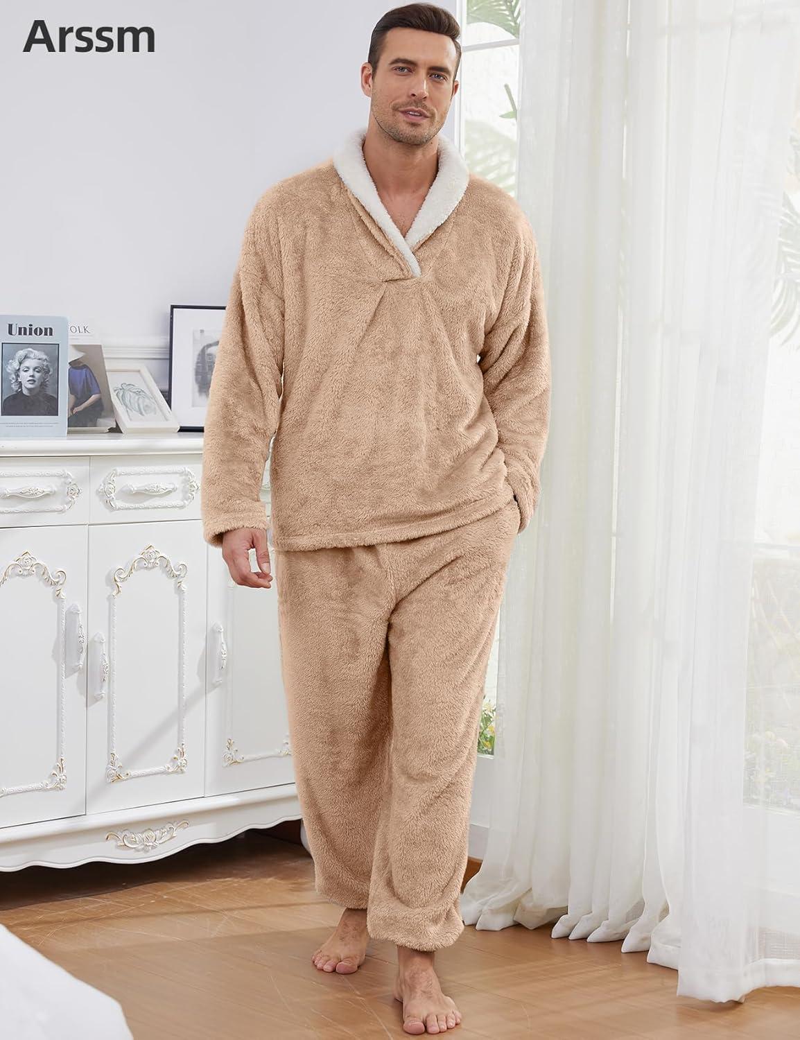 image:imageArssm Mens Fluffy Pajamas Set 2 Piece Fleece Pjs Loose Plush Winter Warm Cozy Loungewear SleepwearKhaki