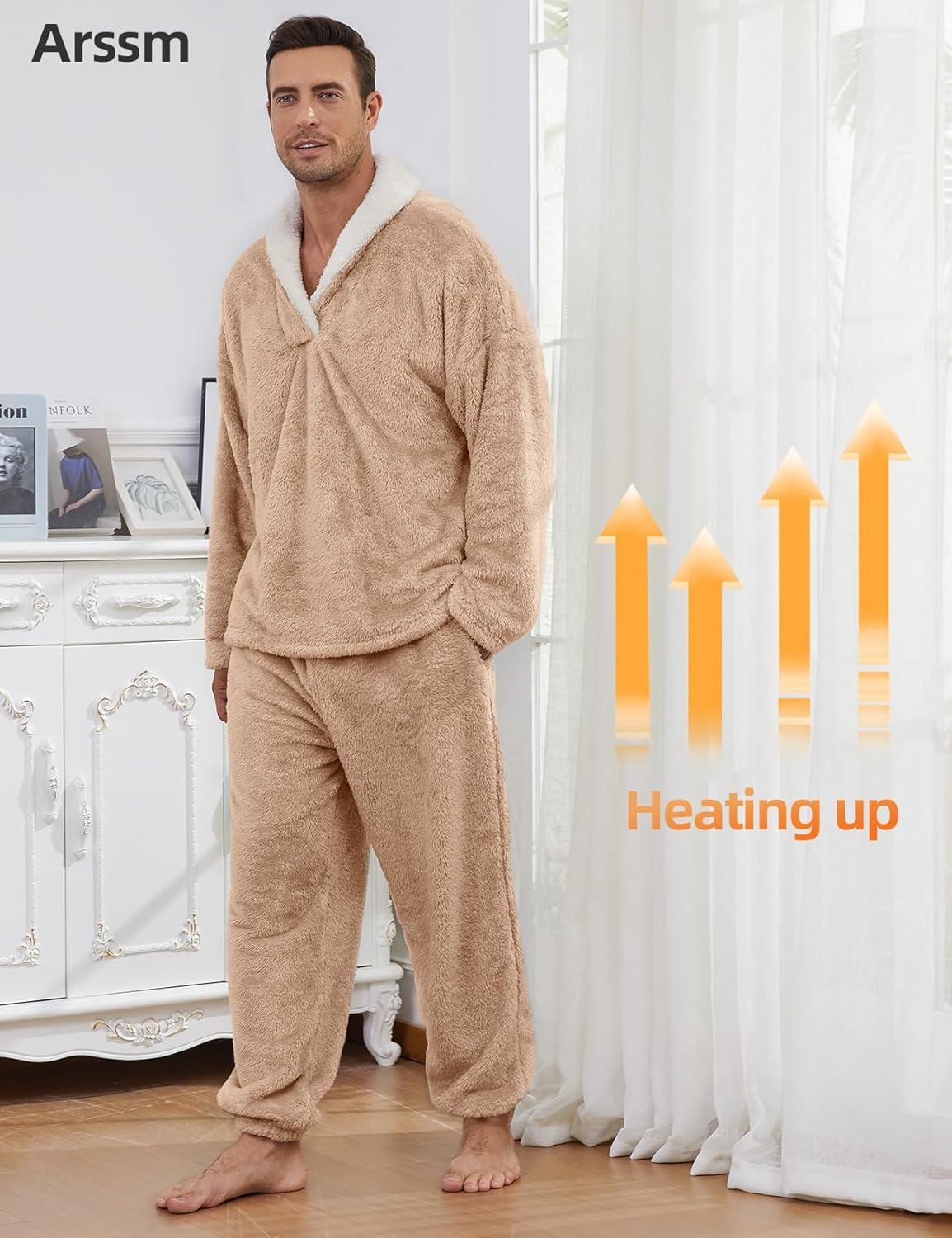 image:imageArssm Mens Fluffy Pajamas Set 2 Piece Fleece Pjs Loose Plush Winter Warm Cozy Loungewear SleepwearKhaki