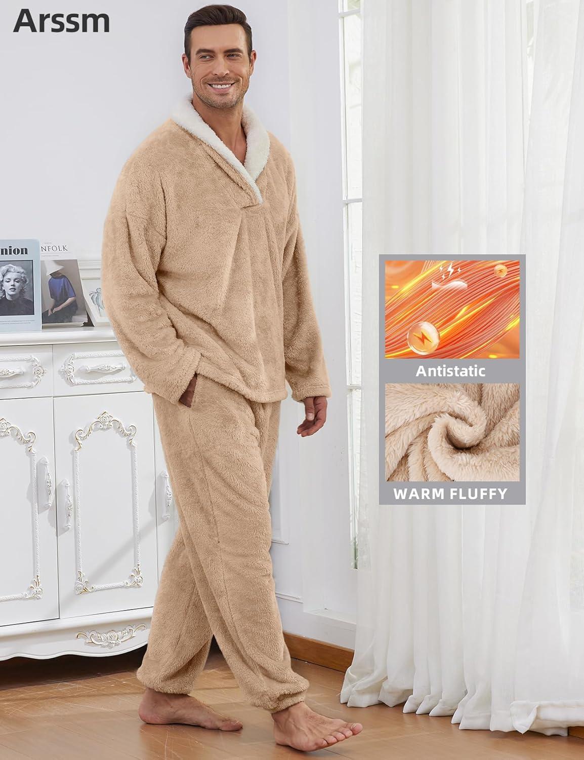 image:imageArssm Mens Fluffy Pajamas Set 2 Piece Fleece Pjs Loose Plush Winter Warm Cozy Loungewear SleepwearKhaki