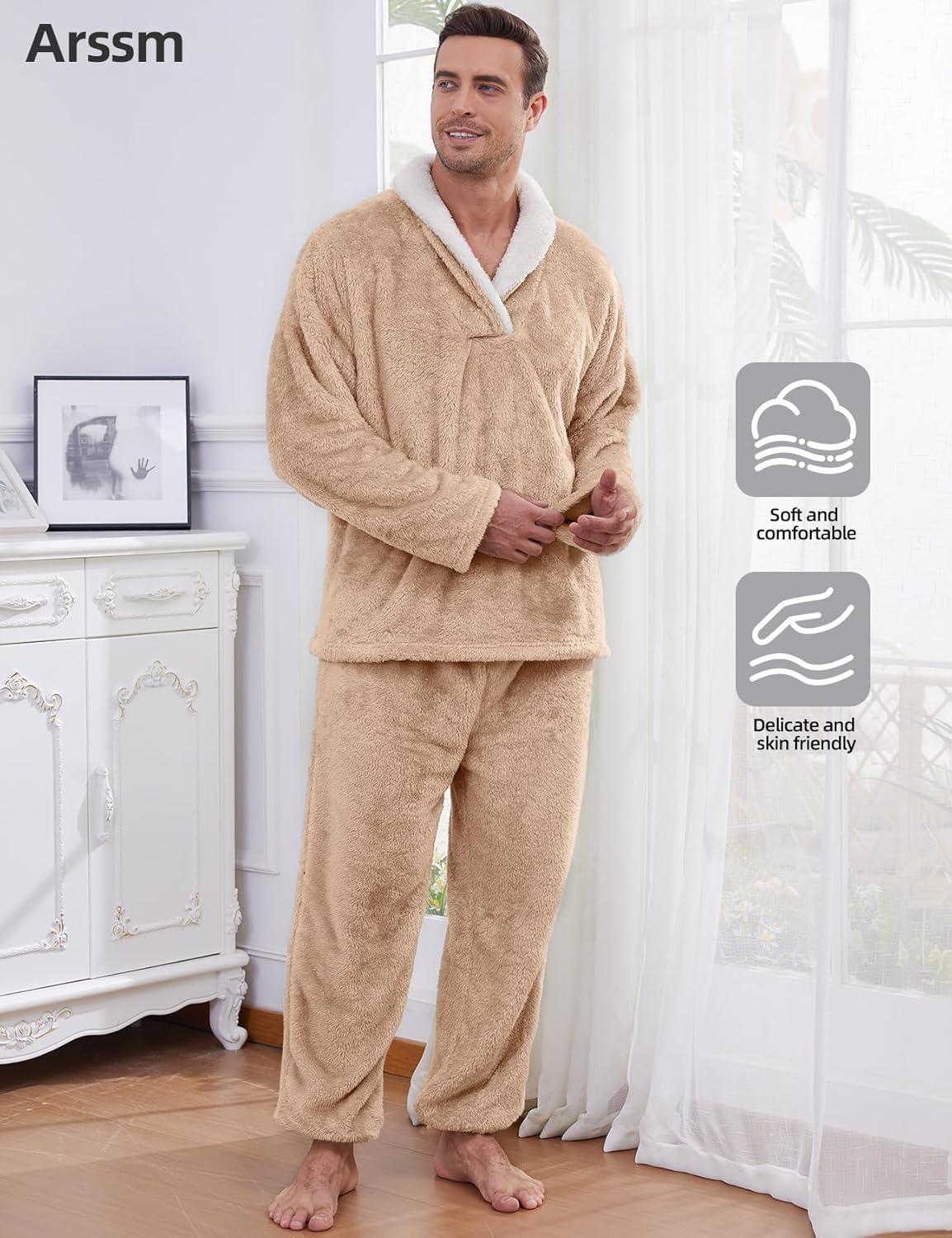 image:imageArssm Mens Fluffy Pajamas Set 2 Piece Fleece Pjs Loose Plush Winter Warm Cozy Loungewear SleepwearKhaki