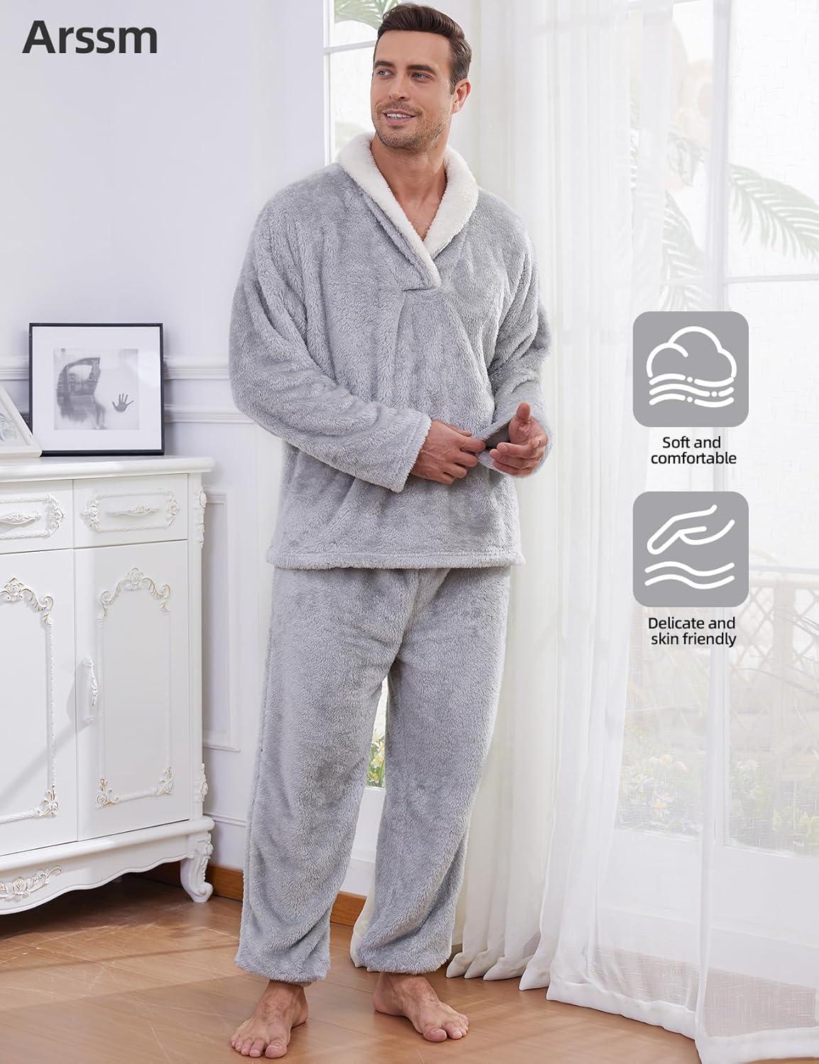 image:imageArssm Mens Fluffy Pajamas Set 2 Piece Fleece Pjs Loose Plush Winter Warm Cozy Loungewear SleepwearLightgrey
