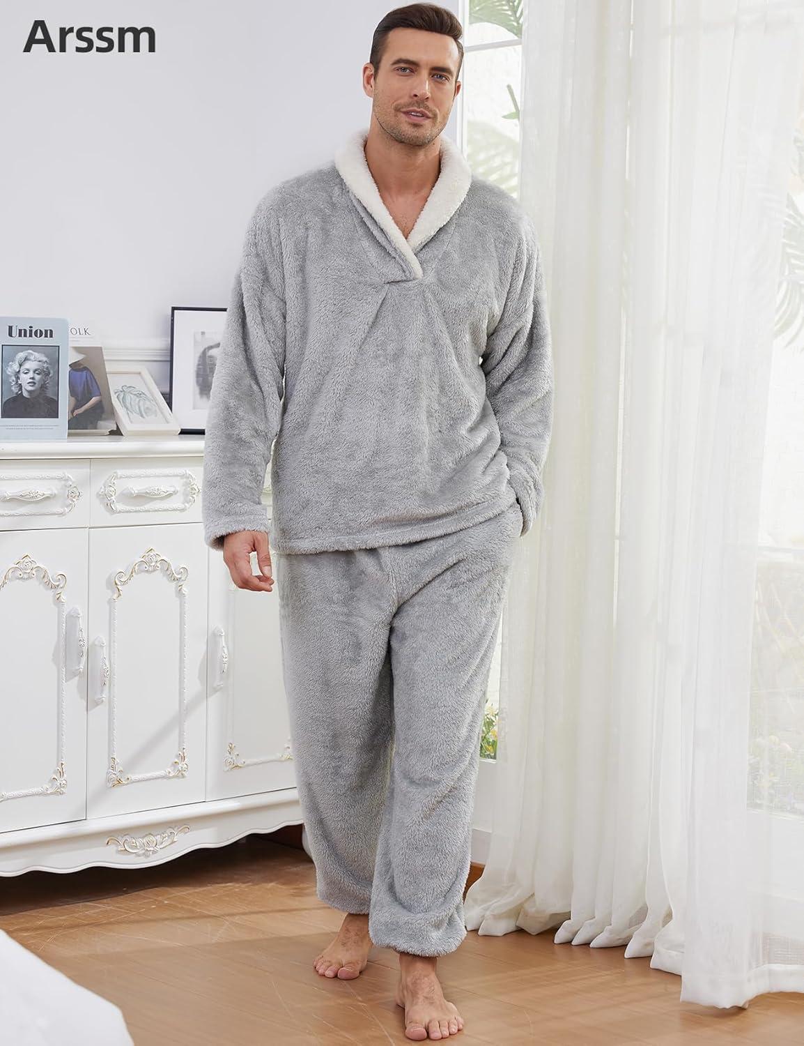 image:imageArssm Mens Fluffy Pajamas Set 2 Piece Fleece Pjs Loose Plush Winter Warm Cozy Loungewear SleepwearLightgrey