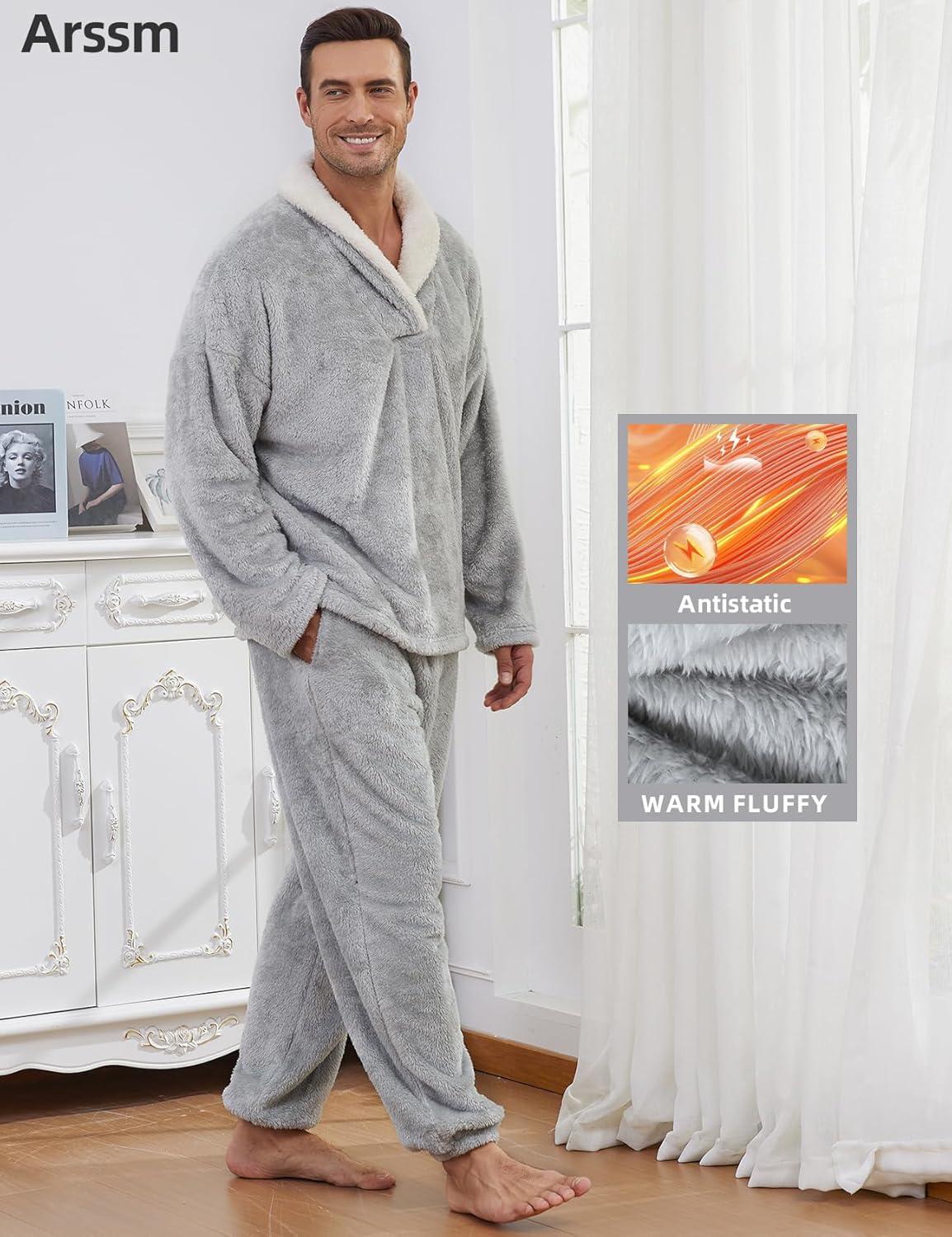 image:imageArssm Mens Fluffy Pajamas Set 2 Piece Fleece Pjs Loose Plush Winter Warm Cozy Loungewear SleepwearLightgrey