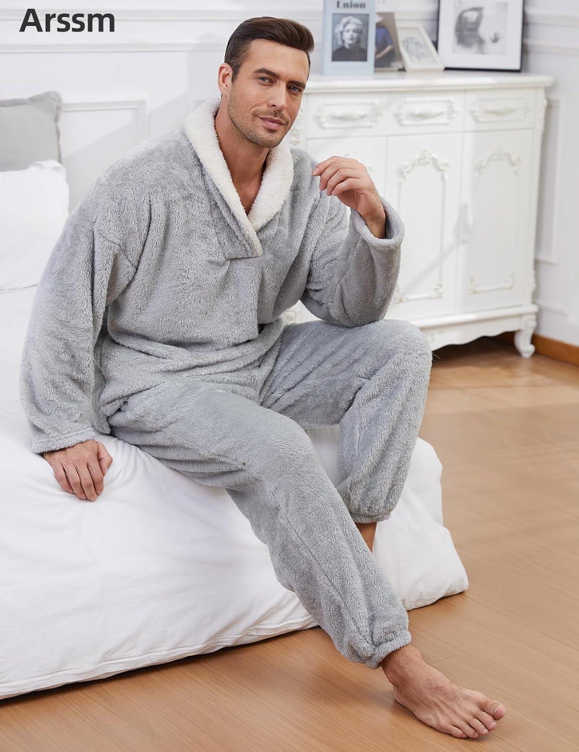 image:imageArssm Mens Fluffy Pajamas Set 2 Piece Fleece Pjs Loose Plush Winter Warm Cozy Loungewear SleepwearLightgrey