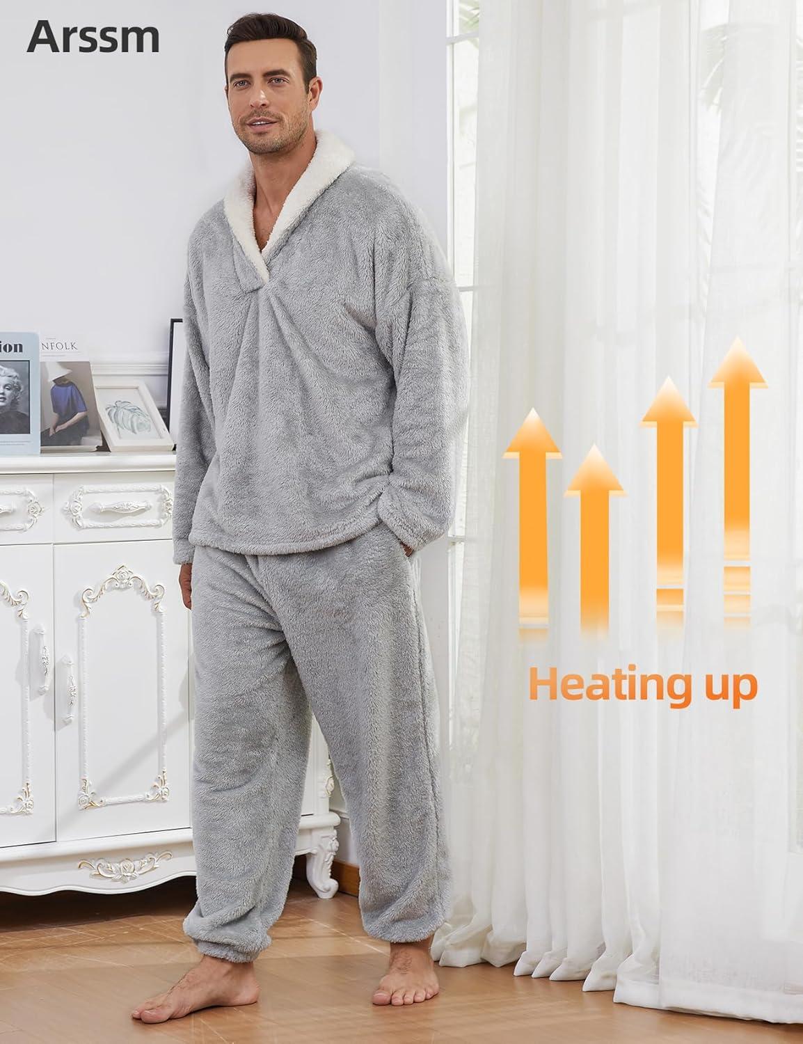 image:imageArssm Mens Fluffy Pajamas Set 2 Piece Fleece Pjs Loose Plush Winter Warm Cozy Loungewear SleepwearLightgrey