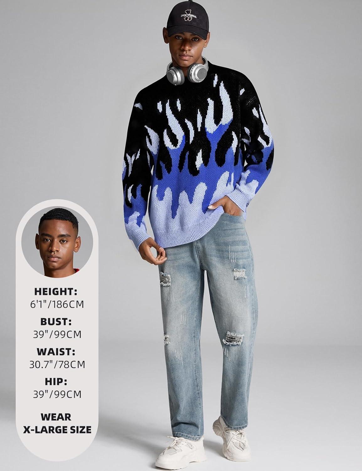 image:imageArssm Mens Oversized Sweater Graphic Knit Aesthetic Crewneck Streetwear Pullover Jumper TopsBlue