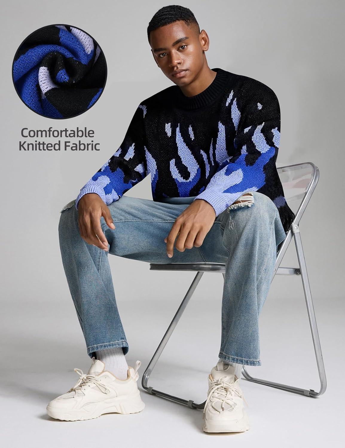 image:imageArssm Mens Oversized Sweater Graphic Knit Aesthetic Crewneck Streetwear Pullover Jumper TopsBlue