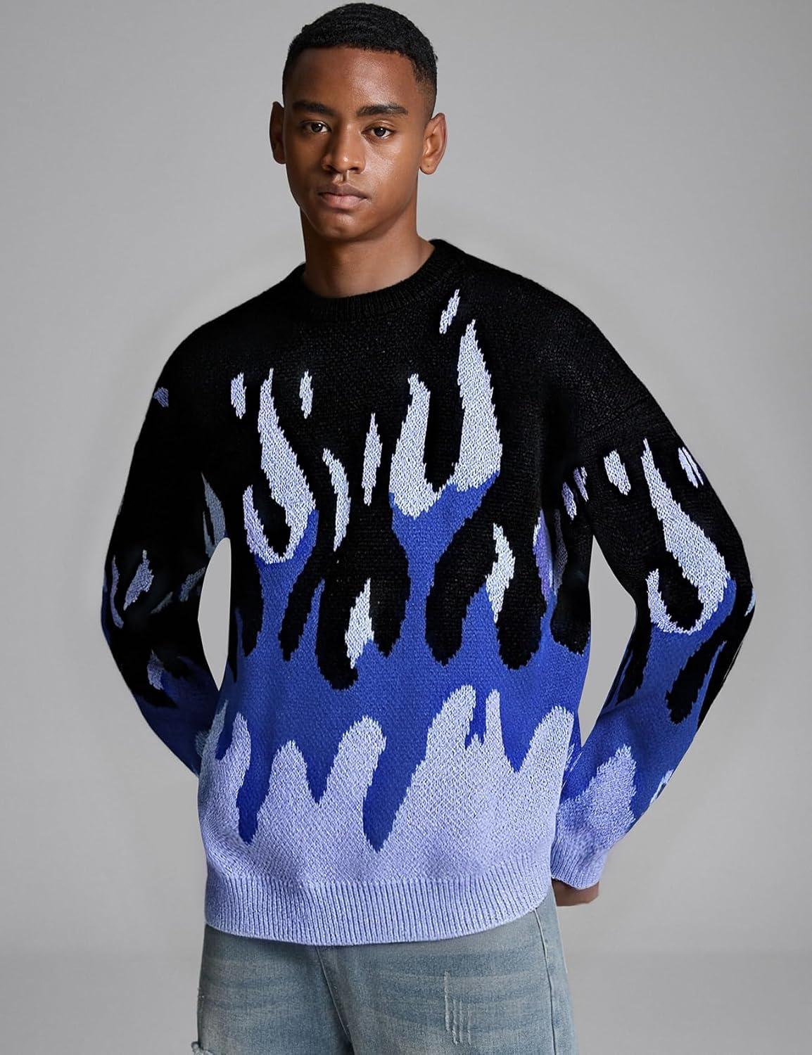 image:imageArssm Mens Oversized Sweater Graphic Knit Aesthetic Crewneck Streetwear Pullover Jumper TopsBlue