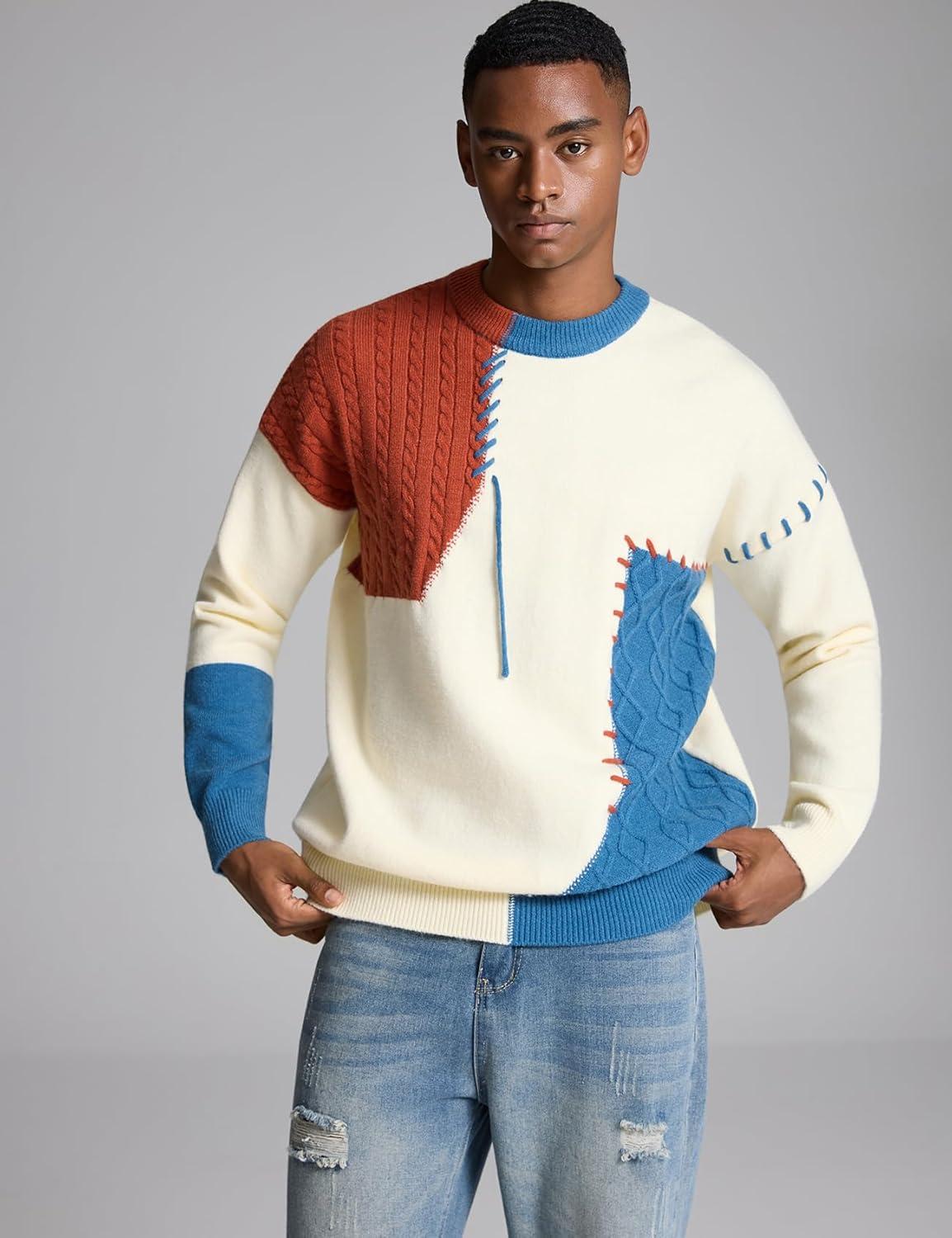 image:imageArssm Mens Oversized Sweater Graphic Knit Aesthetic Crewneck Streetwear Pullover Jumper TopsLightblue