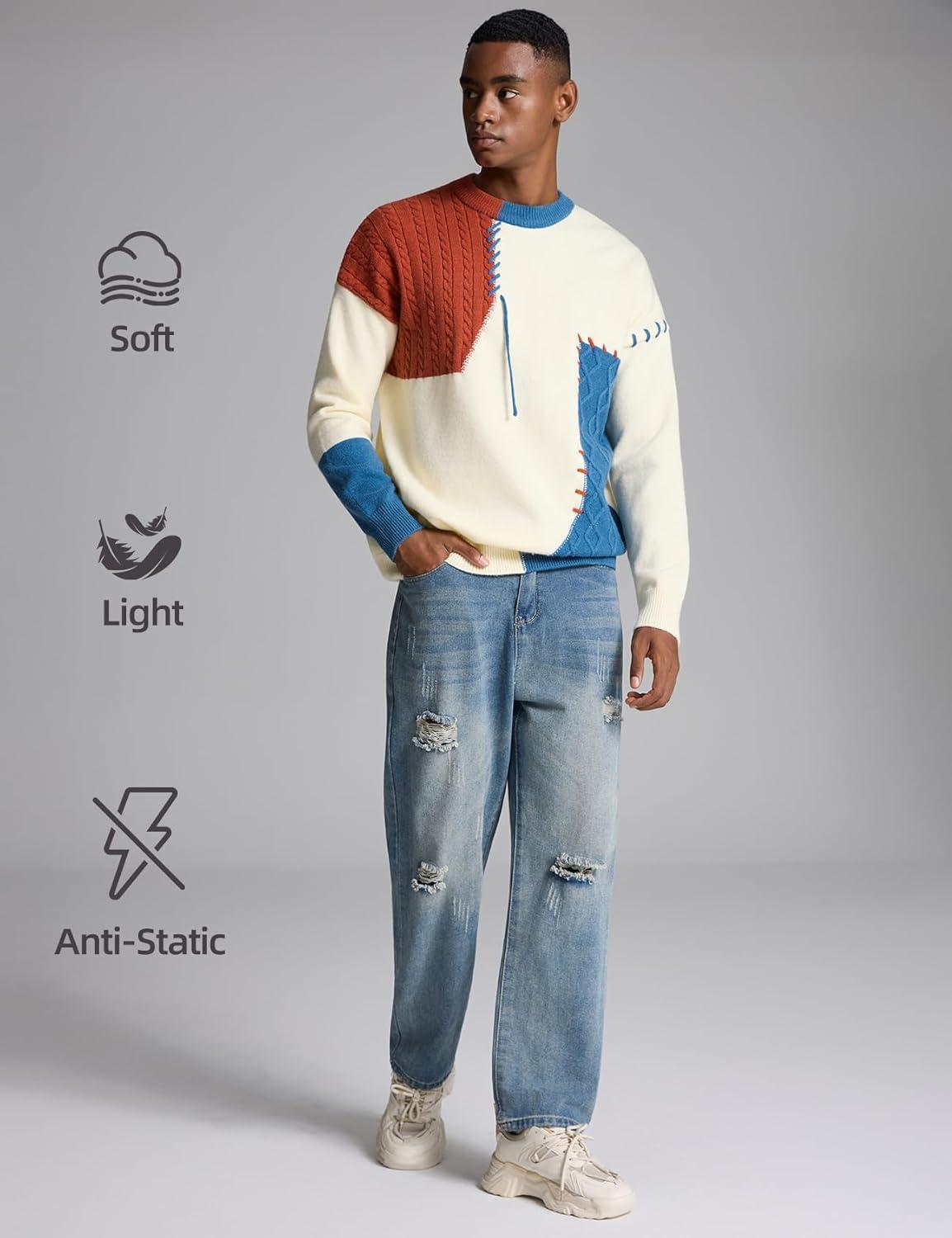 image:imageArssm Mens Oversized Sweater Graphic Knit Aesthetic Crewneck Streetwear Pullover Jumper TopsLightblue