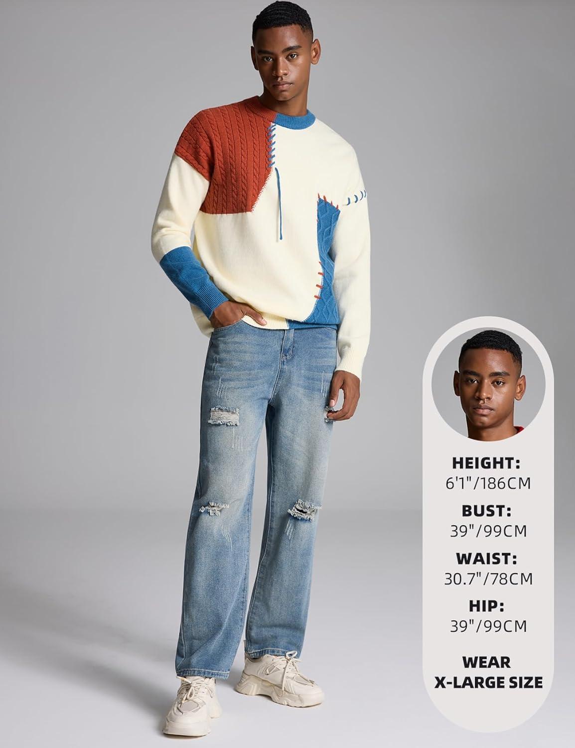 image:imageArssm Mens Oversized Sweater Graphic Knit Aesthetic Crewneck Streetwear Pullover Jumper TopsLightblue