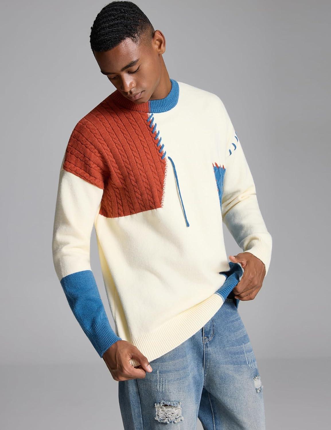image:imageArssm Mens Oversized Sweater Graphic Knit Aesthetic Crewneck Streetwear Pullover Jumper TopsLightblue