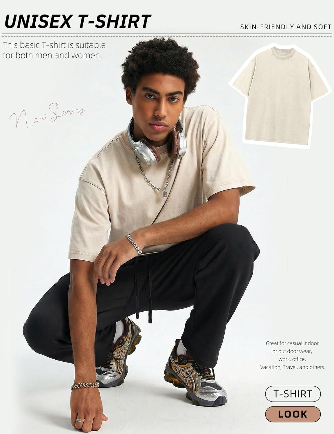image:imageArssm Mens Oversized T Shirts Cotton Acid Wash TShirts Baggy Vintage Tees Loose Fit Heavyweight Streetwear TopsBeigetshirt