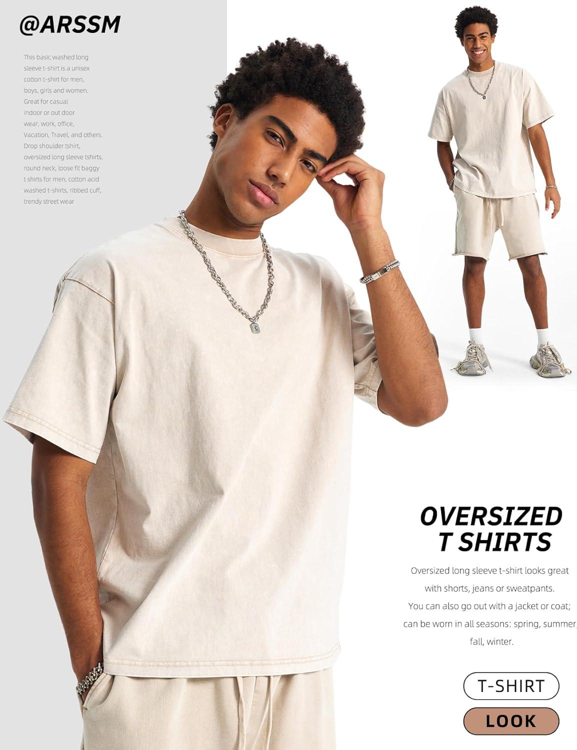 image:imageArssm Mens Oversized T Shirts Cotton Acid Wash TShirts Baggy Vintage Tees Loose Fit Heavyweight Streetwear TopsBeigetshirt