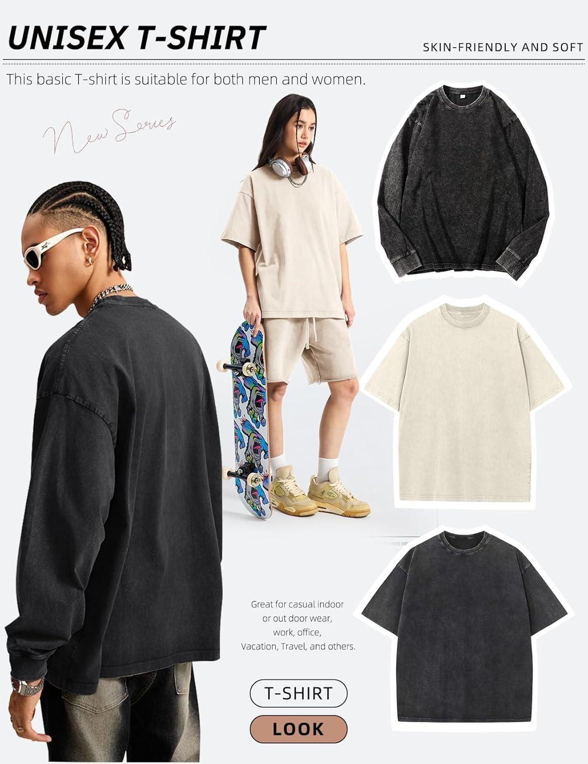 image:imageArssm Mens Oversized T Shirts Cotton Acid Wash TShirts Baggy Vintage Tees Loose Fit Heavyweight Streetwear TopsBlackbeigeblack