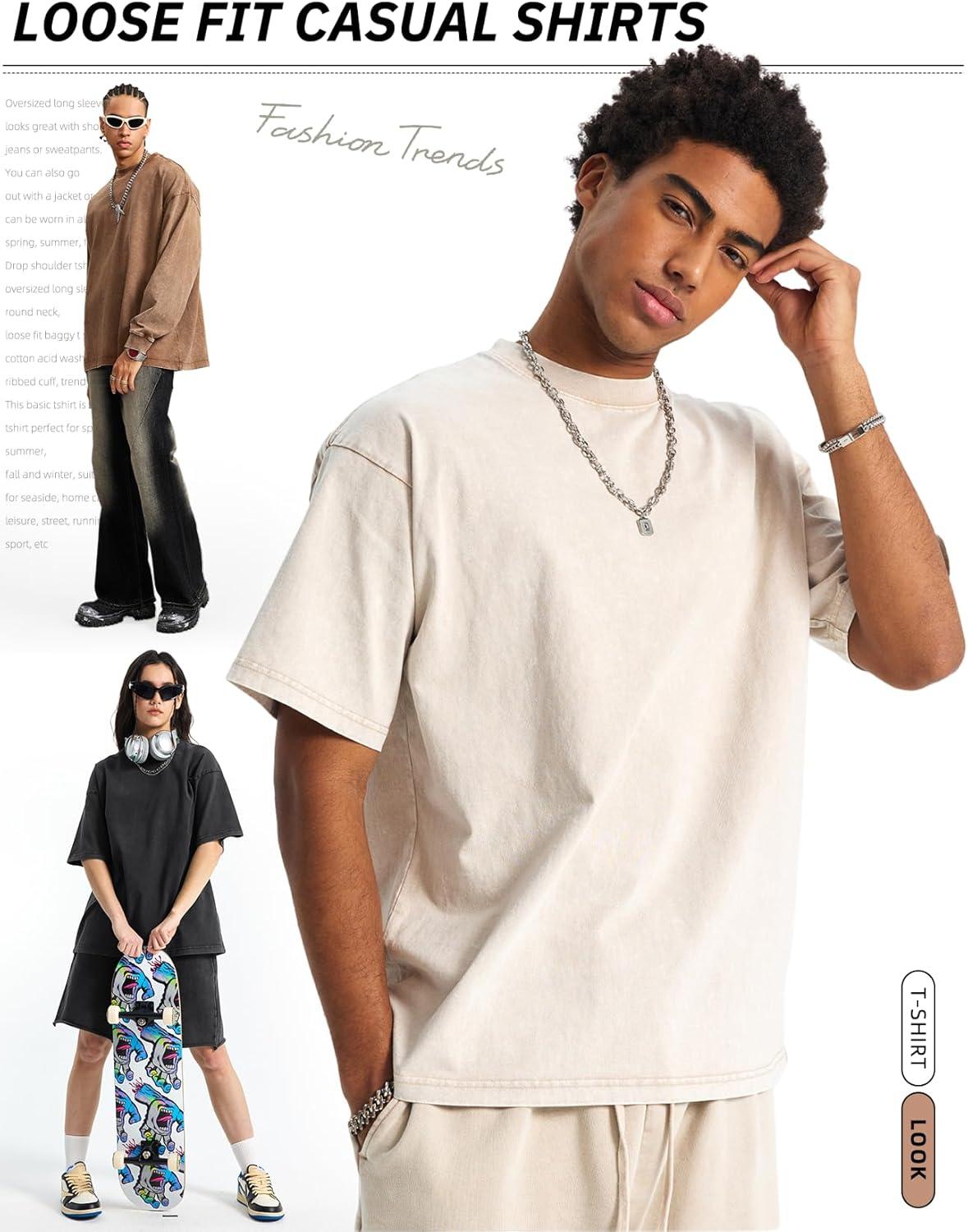 image:imageArssm Mens Oversized T Shirts Cotton Acid Wash TShirts Baggy Vintage Tees Loose Fit Heavyweight Streetwear TopsBlackbeigeblack