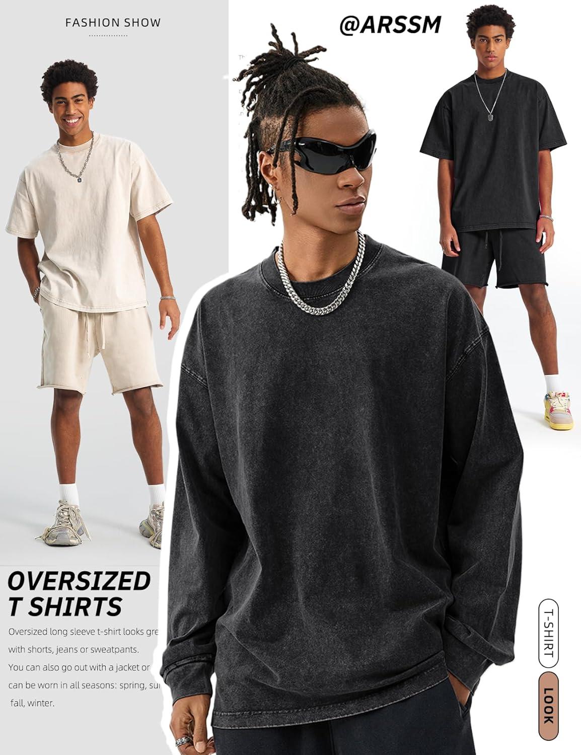 image:imageArssm Mens Oversized T Shirts Cotton Acid Wash TShirts Baggy Vintage Tees Loose Fit Heavyweight Streetwear TopsBlackbeigeblack