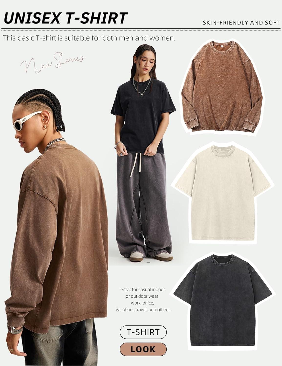 image:imageArssm Mens Oversized T Shirts Cotton Acid Wash TShirts Baggy Vintage Tees Loose Fit Heavyweight Streetwear TopsBlackbeigekhaki