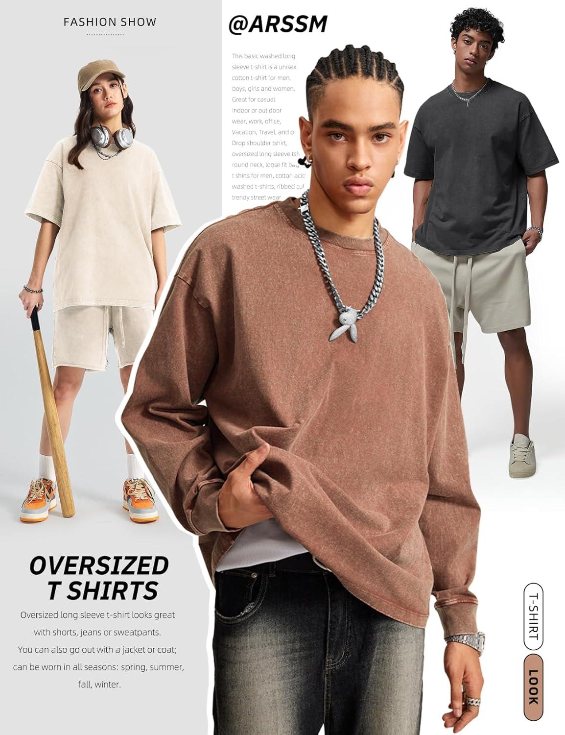 image:imageArssm Mens Oversized T Shirts Cotton Acid Wash TShirts Baggy Vintage Tees Loose Fit Heavyweight Streetwear TopsBlackbeigekhaki