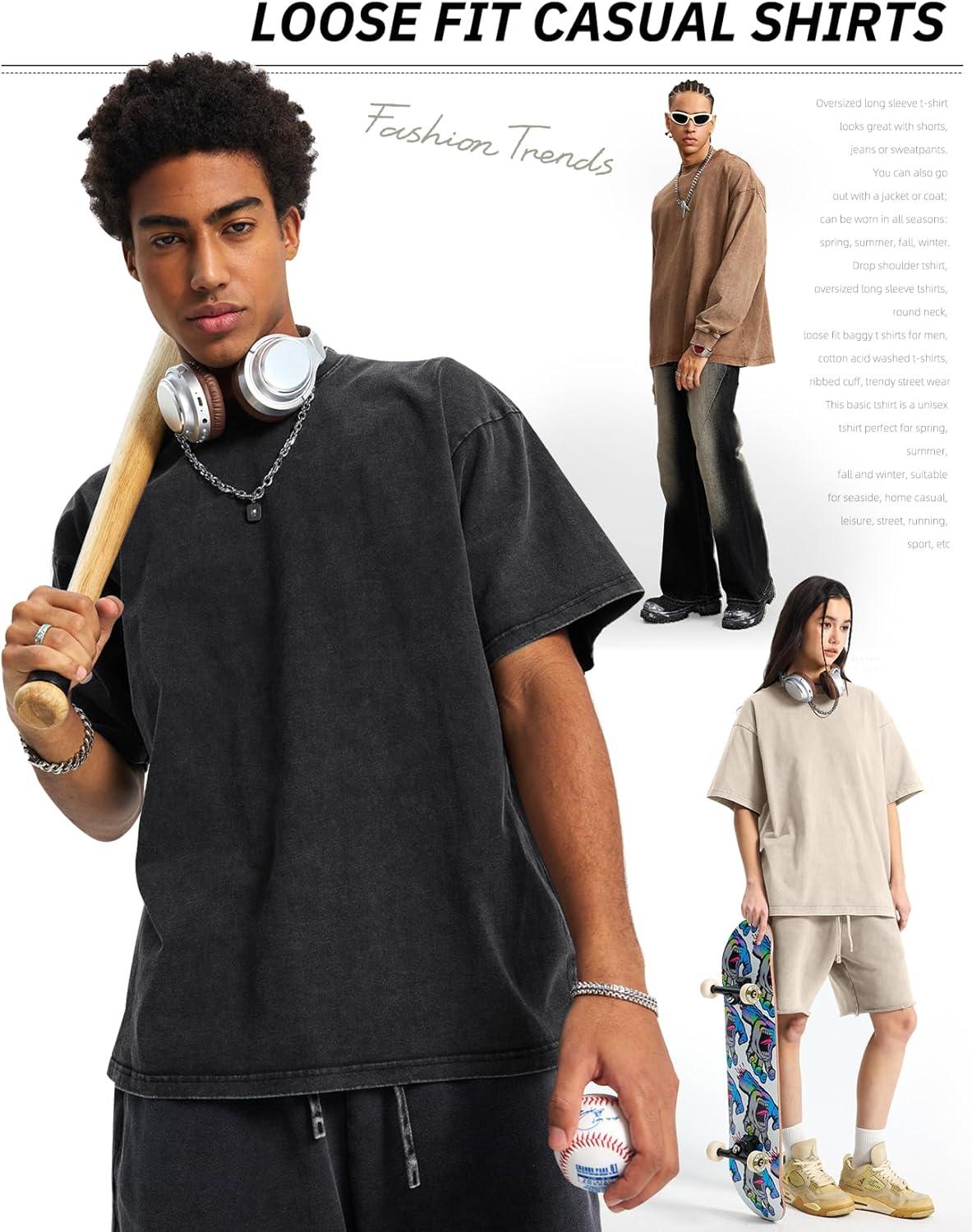 image:imageArssm Mens Oversized T Shirts Cotton Acid Wash TShirts Baggy Vintage Tees Loose Fit Heavyweight Streetwear TopsBlackbeigekhaki