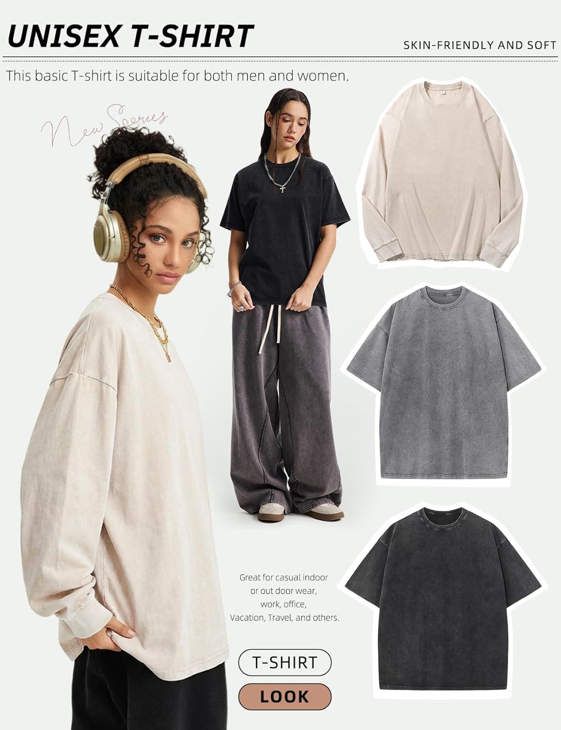 image:imageArssm Mens Oversized T Shirts Cotton Acid Wash TShirts Baggy Vintage Tees Loose Fit Heavyweight Streetwear TopsBlackgreybeige