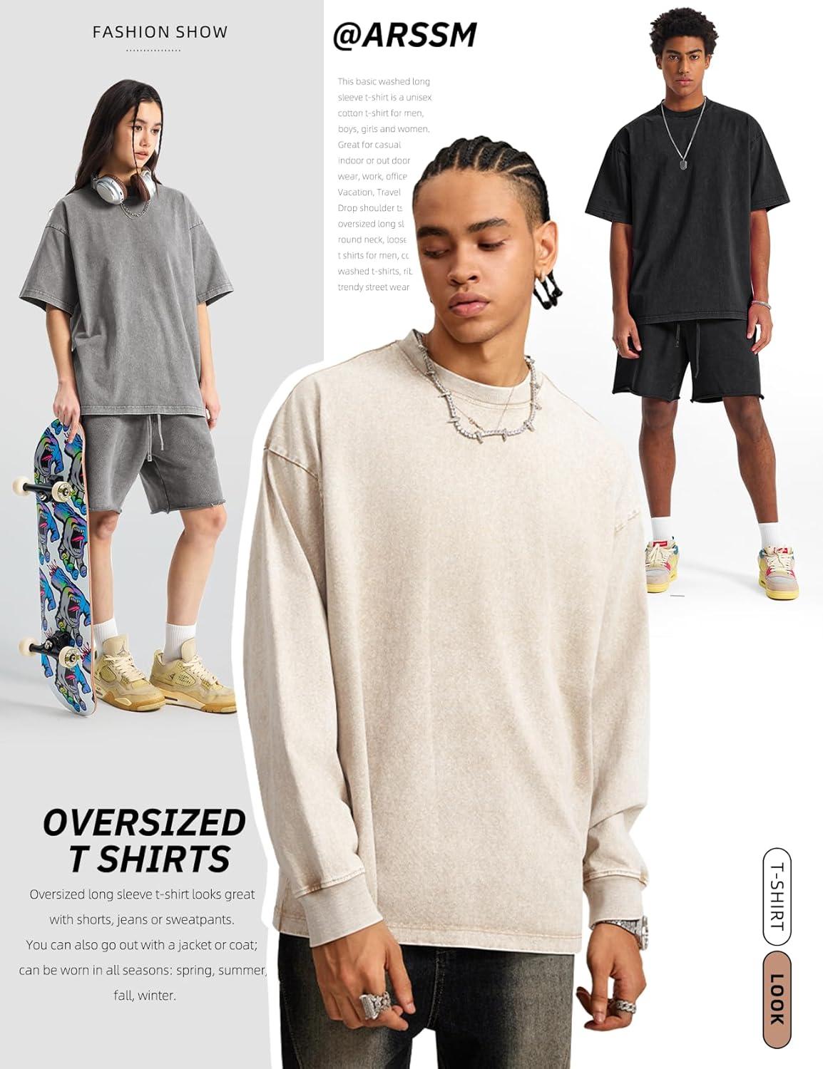 image:imageArssm Mens Oversized T Shirts Cotton Acid Wash TShirts Baggy Vintage Tees Loose Fit Heavyweight Streetwear TopsBlackgreybeige