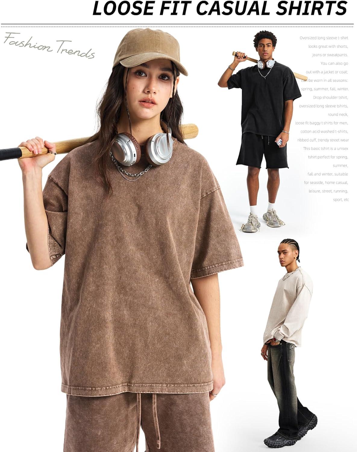 image:imageArssm Mens Oversized T Shirts Cotton Acid Wash TShirts Baggy Vintage Tees Loose Fit Heavyweight Streetwear TopsBlackkhakibeige