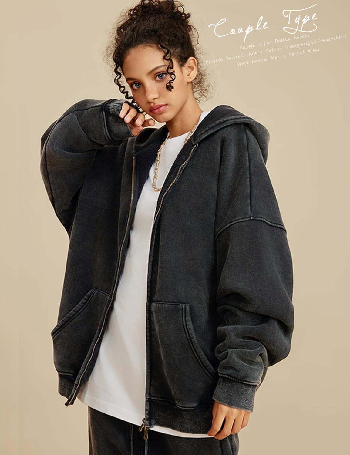 image:imageArssm Mens Oversized Zip Up Hoodies Jackets Fleece Vintage Acid Wash Cotton Heavyweight Distressed SweatshirtBlack