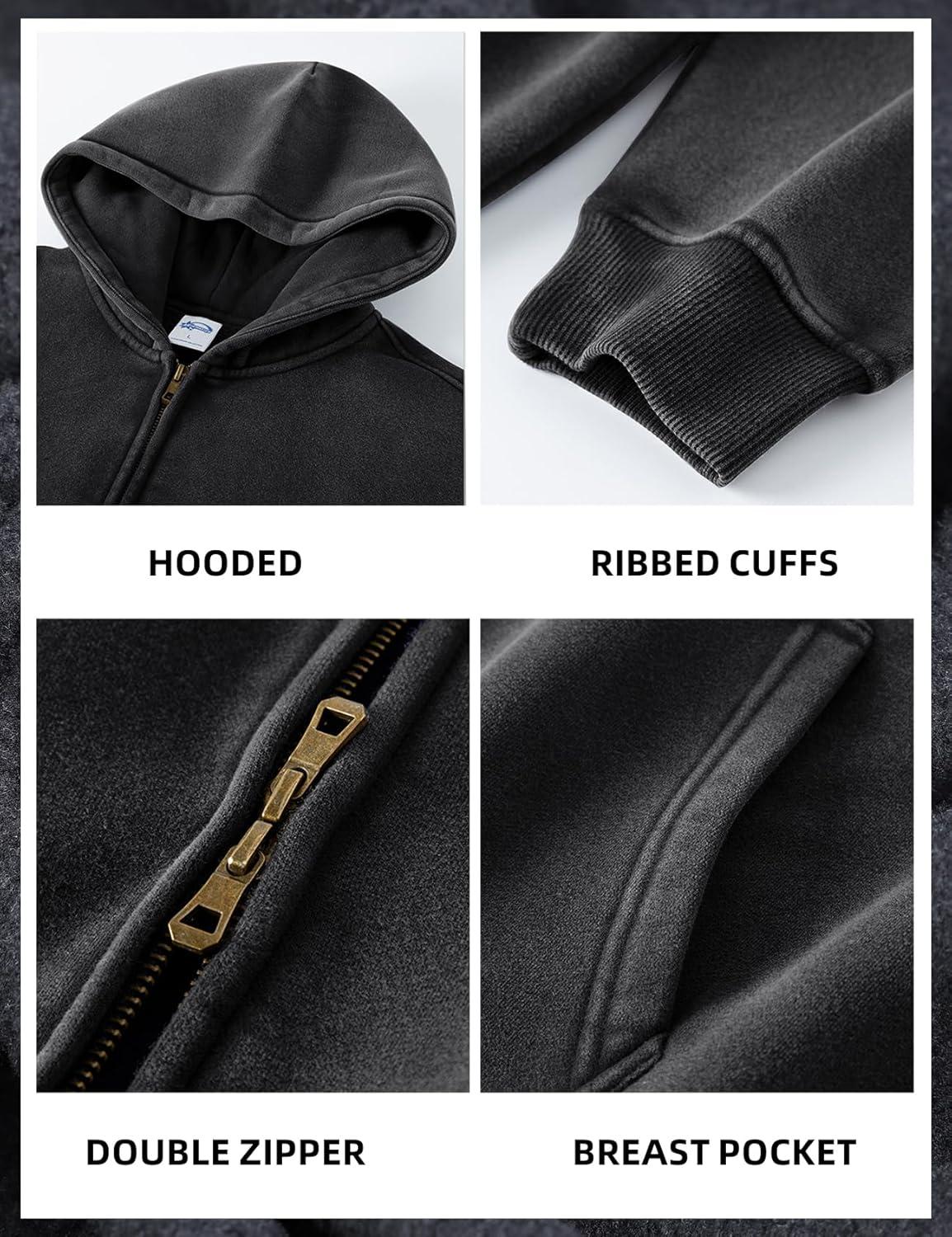 image:imageArssm Mens Oversized Zip Up Hoodies Jackets Fleece Vintage Acid Wash Cotton Heavyweight Distressed SweatshirtBlack