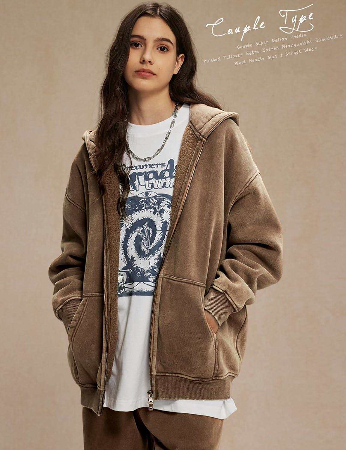 image:imageArssm Mens Oversized Zip Up Hoodies Jackets Fleece Vintage Acid Wash Cotton Heavyweight Distressed SweatshirtBrown