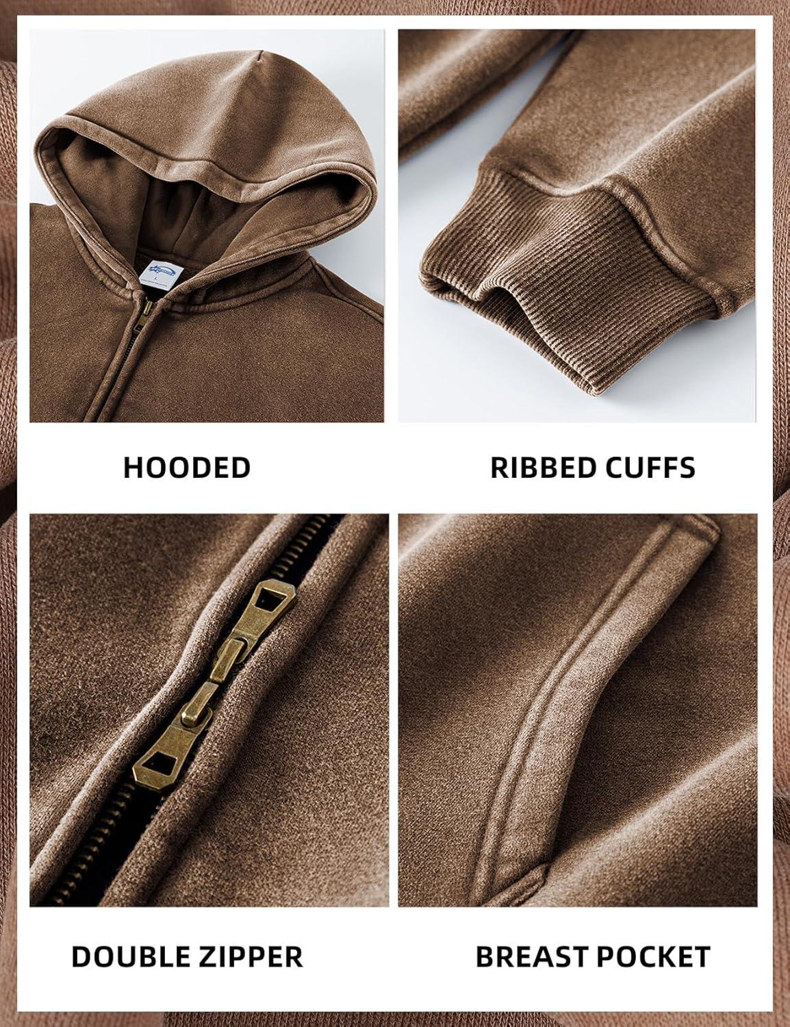 image:imageArssm Mens Oversized Zip Up Hoodies Jackets Fleece Vintage Acid Wash Cotton Heavyweight Distressed SweatshirtBrown