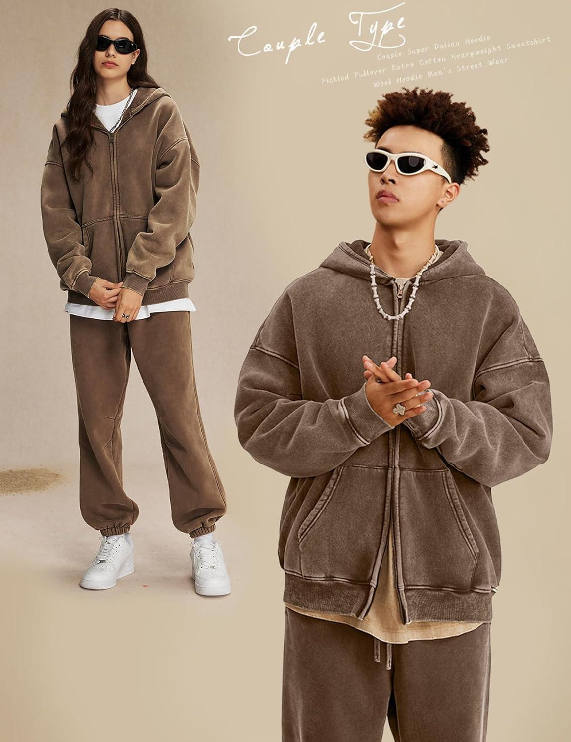 image:imageArssm Mens Oversized Zip Up Hoodies Jackets Fleece Vintage Acid Wash Cotton Heavyweight Distressed SweatshirtBrown