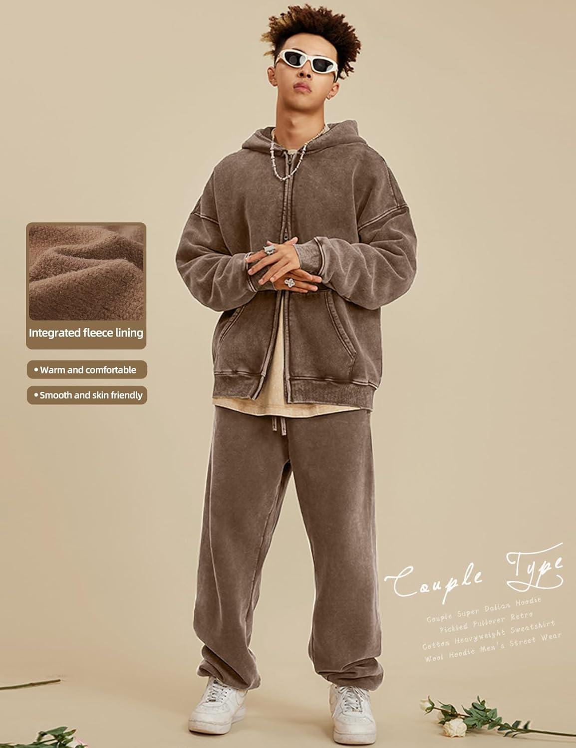 image:imageArssm Mens Oversized Zip Up Hoodies Jackets Fleece Vintage Acid Wash Cotton Heavyweight Distressed SweatshirtBrown